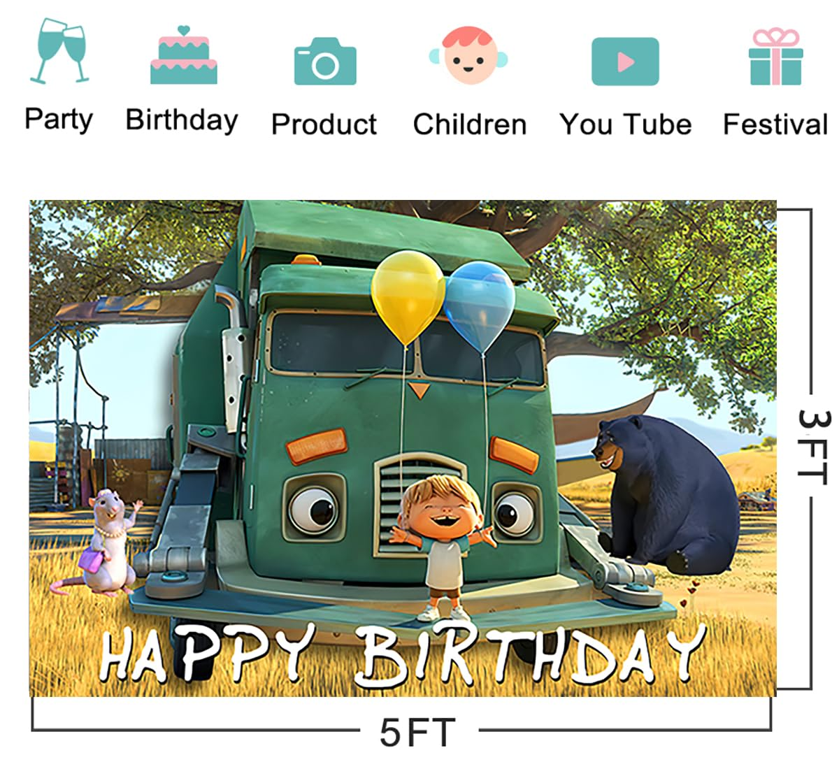 PAF Green Trash Truck Backdrop for Birthday Party Supplies 5X3Ft Truck Theme Baby Shower Banner for Party Decorations