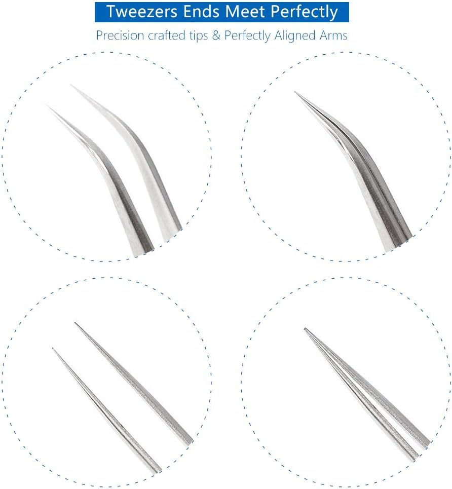 Eyelash Tweezers Set - FEITA Precision Eyelash Extension Tweezers - Professional Slant & Curved Pointed Very Fine Tip Tweezers for False Lashes - Silver - 2 Pcs image number 4