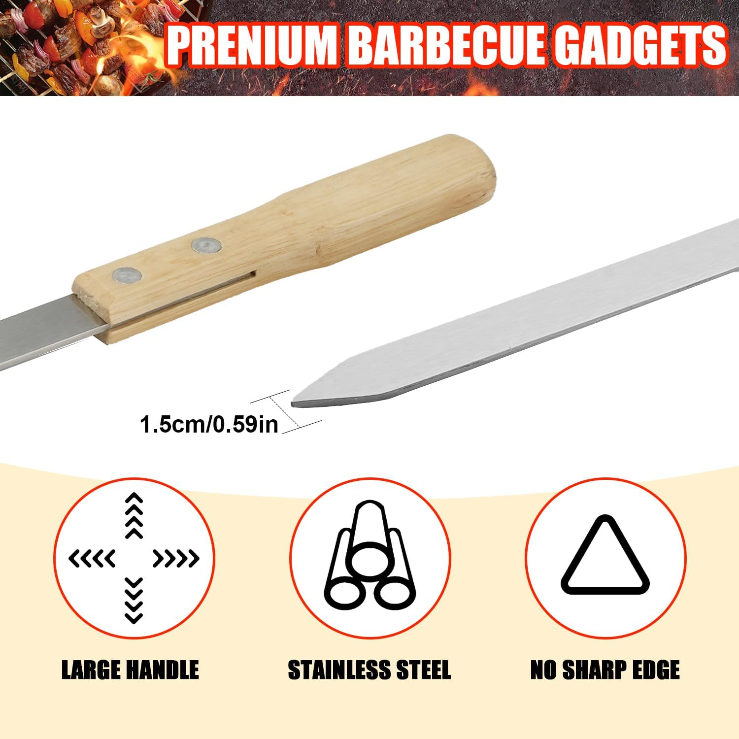 Professional Kabob Skewers, 23 Inch Heavy Duty Large Wide Reusable BBQ Barbecue Skewers, Stainless Steel Sticks with Nonslip Wooden (Flat-12 Pcs) image number 2