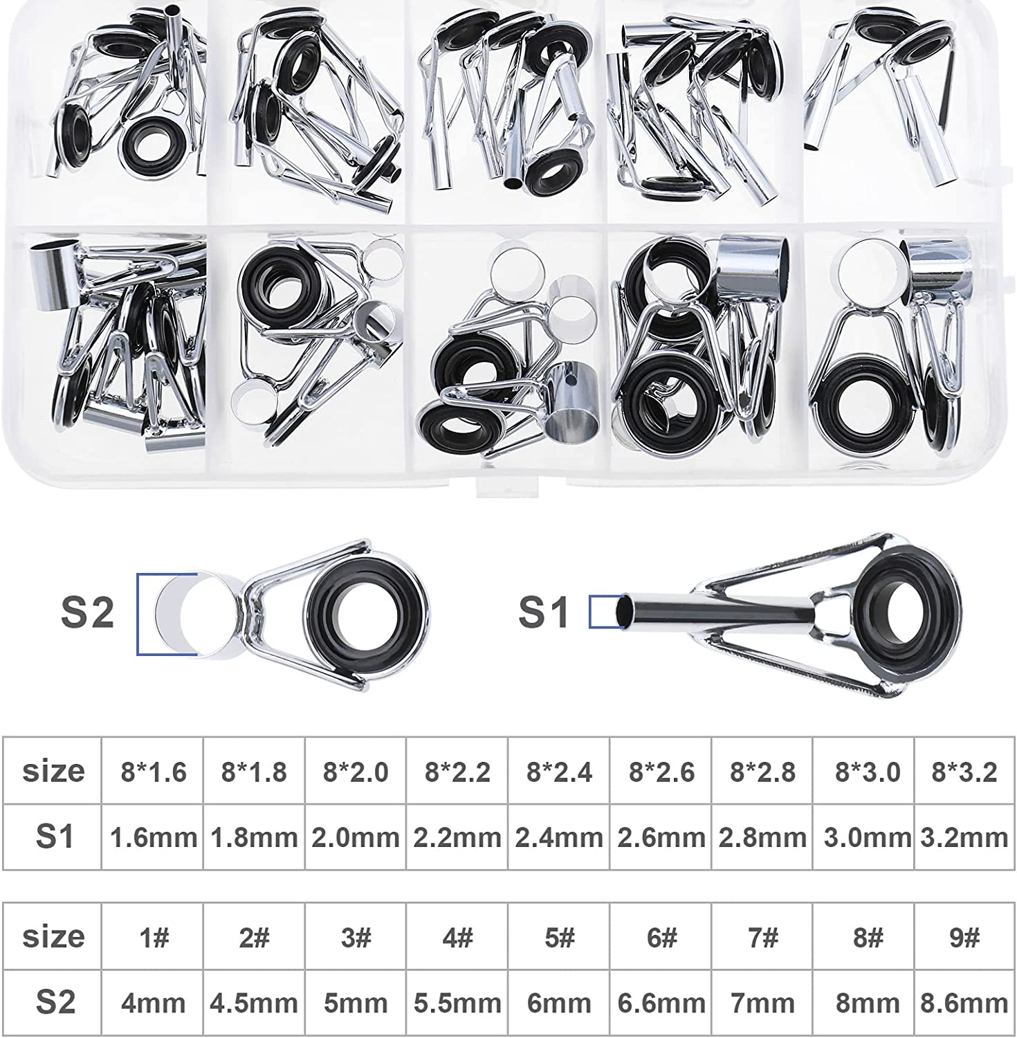 Emagtech 36PCS 1.6-8.6Mm Fishing Rod Tips Repair Kit Fishing Rod Rings Guide Stainless Steel Fishing Replacement Parts for Saltwater Freshwater image number 4