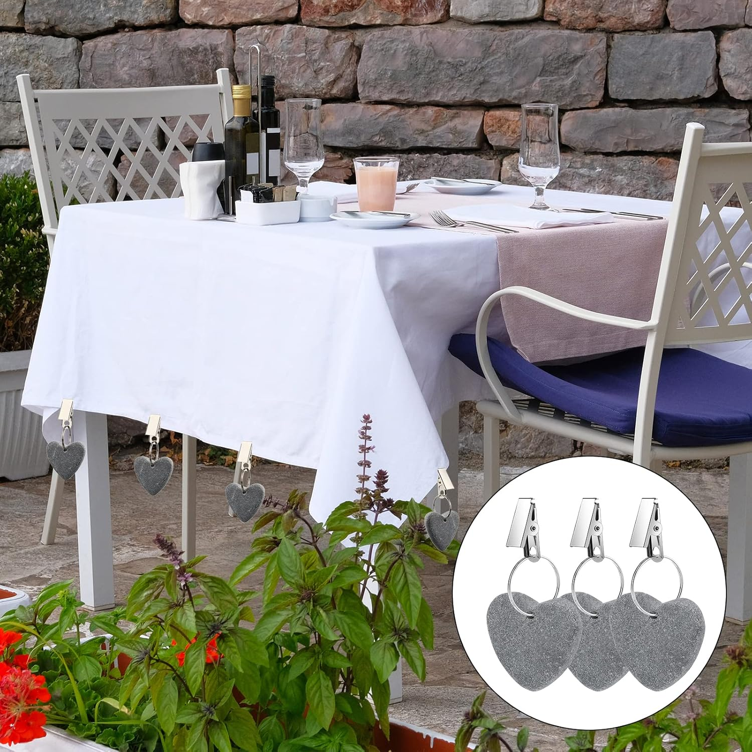 48 Pieces Tablecloth Weights Hangers Heart Stone Table Cloth Weights Tablecloth Clips for Outdoor Tables Heavy Curtain Weights Table Cover Clips with Stainless Steel Clips for Picnic (Light Gray) image number 1