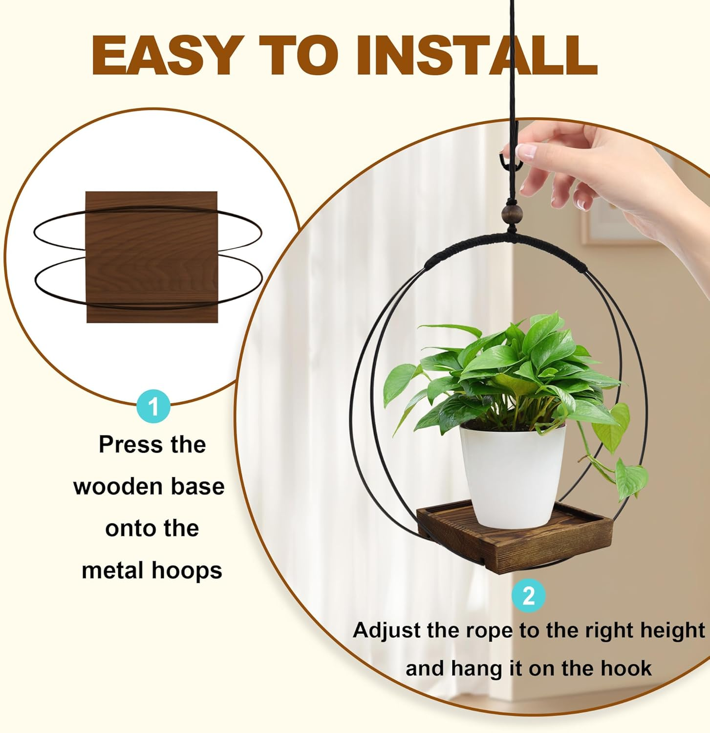 2 Pack Hanging Plant Holder, Metal Wall Hanging Planter with Wood Base, Plant Hangers Indoor, Hanging Flower Basket for Outdoors, Swinging Plant Pot for Room Ceilings Window (Brown) - Black image number 6