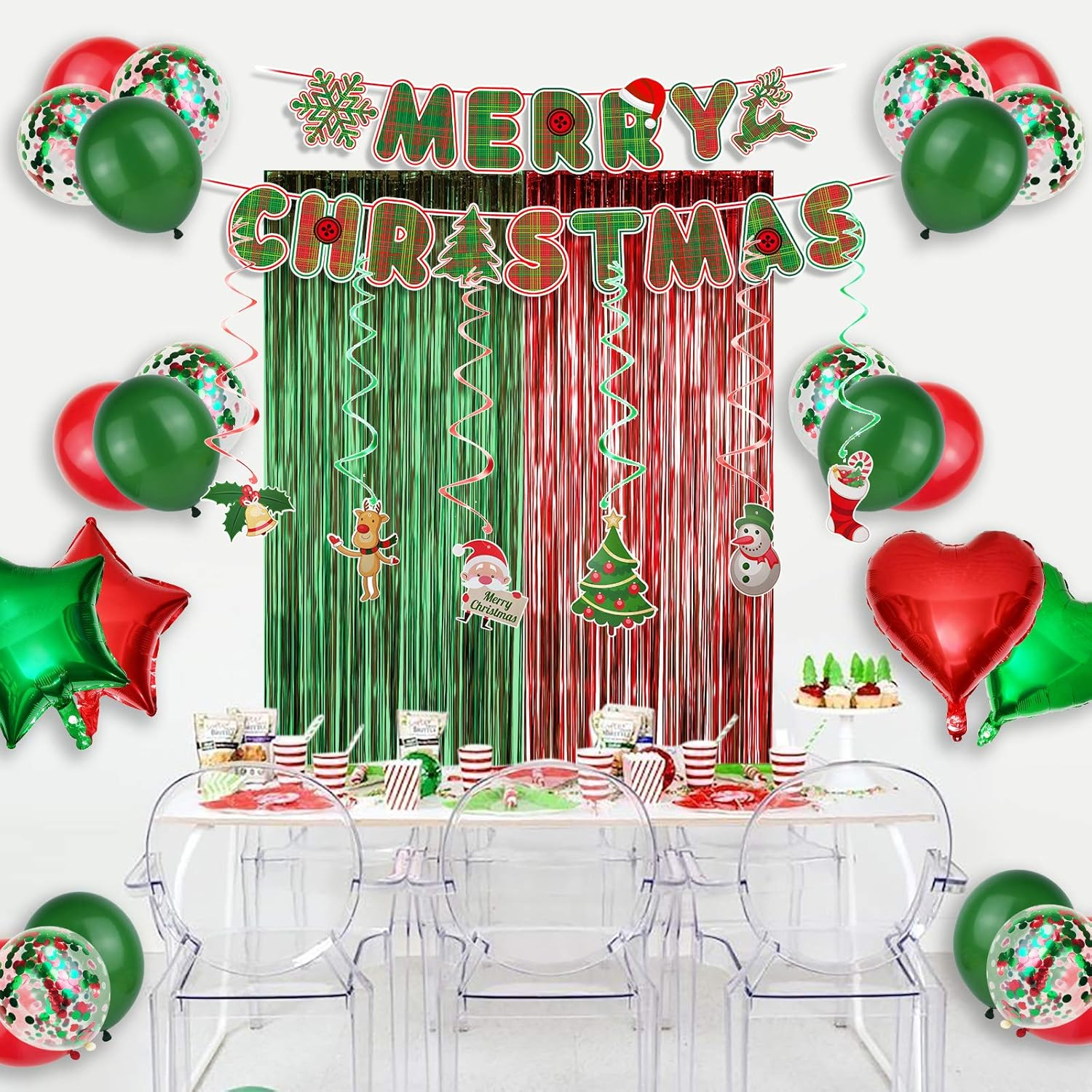 Party Decoration Supplies - Christmas Balloons, Merry Christmas Banner, Hanging Swirls, Red and Green Metallic Fringe Curtains for Holiday Decor - Green,Red image number 6