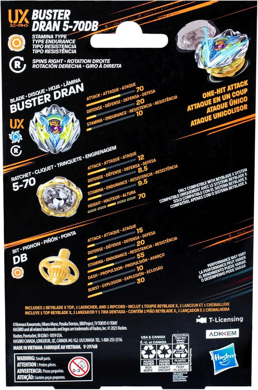 Beyblade X Buster Dran 5-70DB UX Starter Pack Set with Stamina Type Top and Launcher; Authentic Takara Tomy Battle Tops Games | Spinning Toys for Boys and Girls 8+