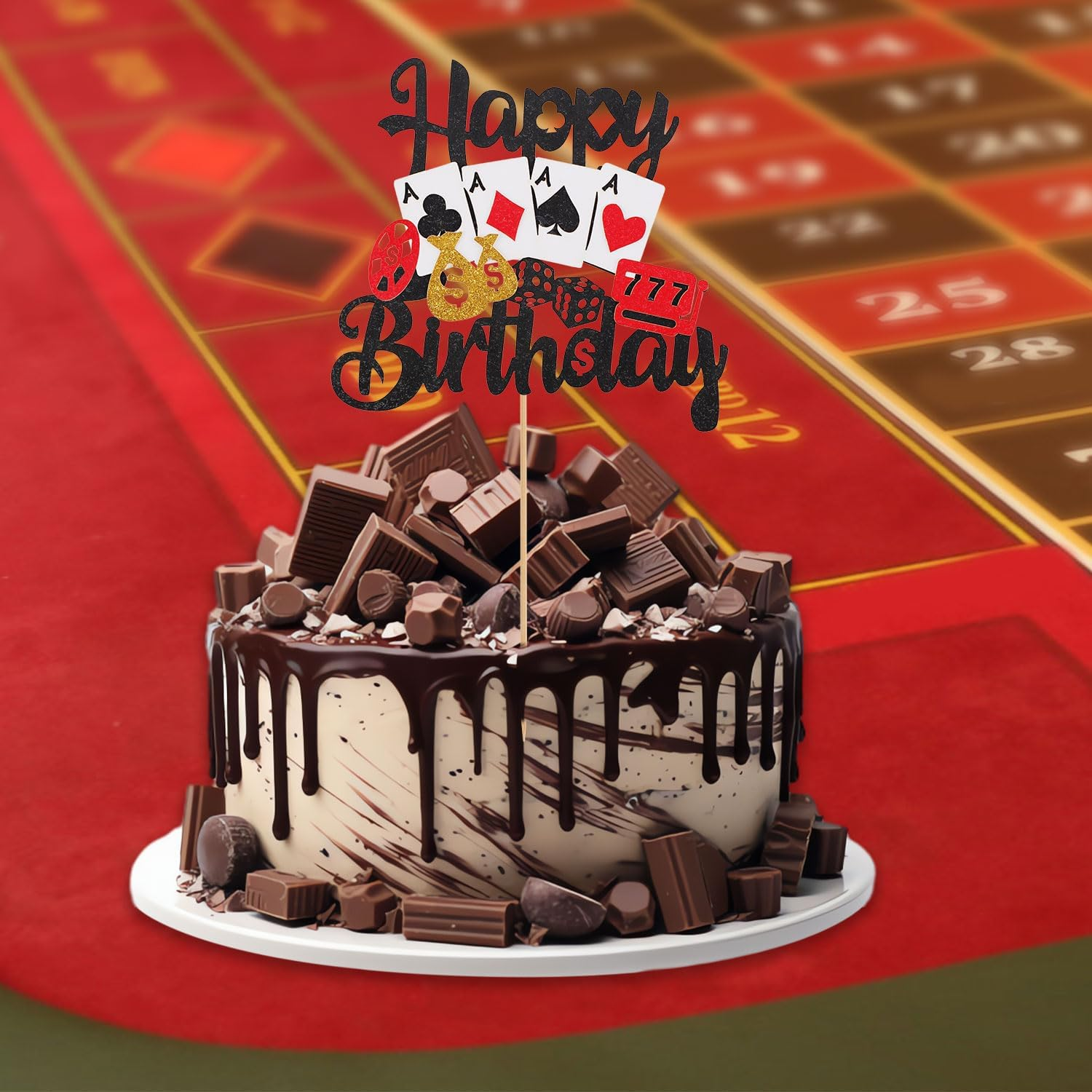 Casino Cake Topper, Happy Birthday Poker Game Cake Topper Casino Theme Cake Decoration for Las Vegas Casino Night Theme Birthday Party Supplies image number 6