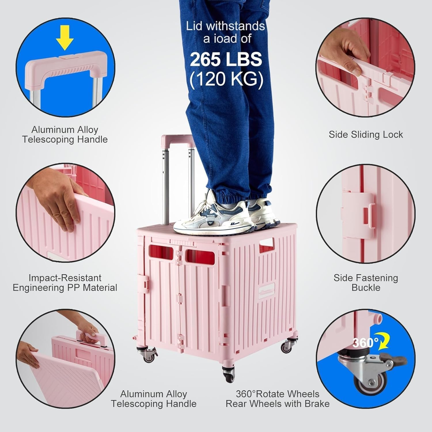 Folding Utility Cart with 4 Wheels, Black Foldable Cart with Telescoping Handle, Collapsible Cart with Wheels, Foldable Rolling Cart for Shopping, Office, Grocery Storage (Pink-65L) image number 3