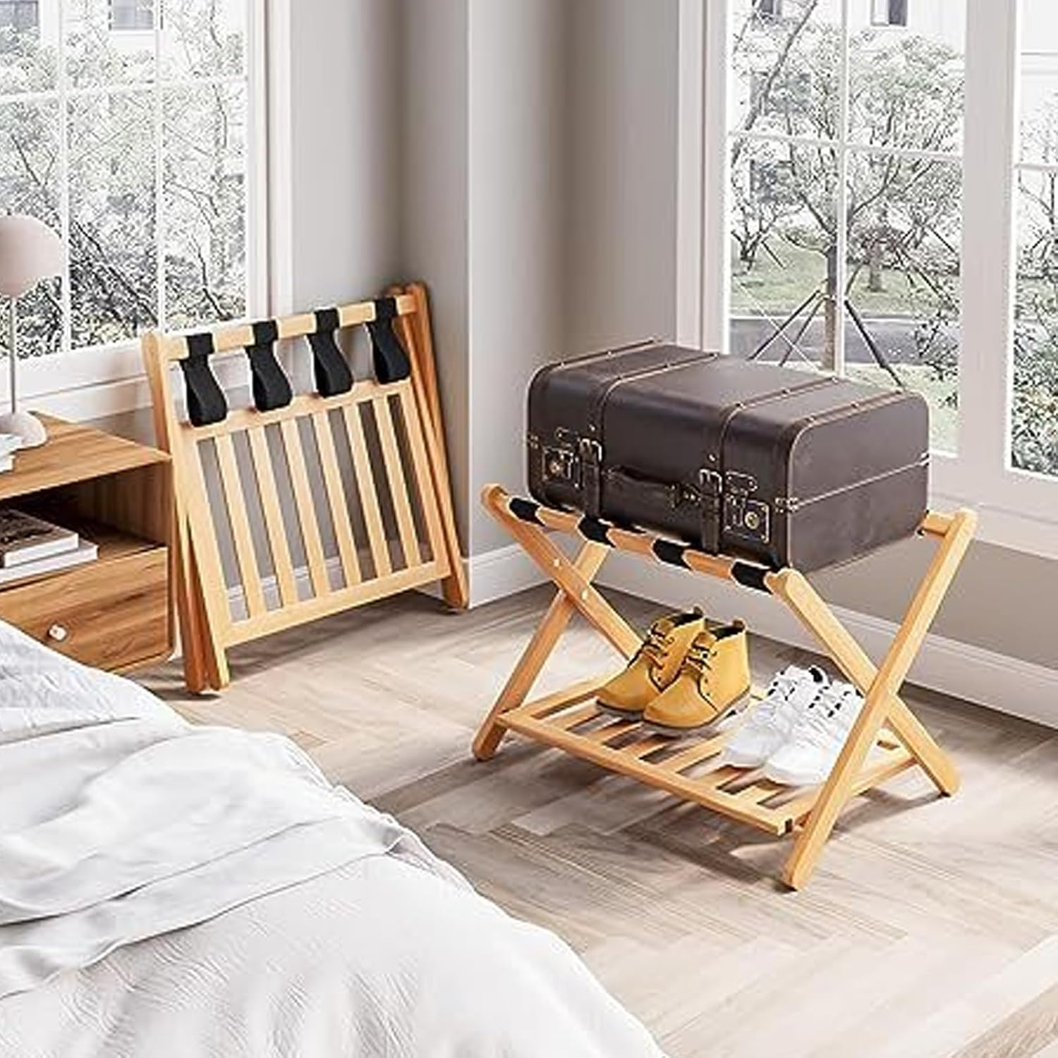 Foldable Luggage Rack, Bamboo Folding Luggage Rack with Lower Storage Shelf, 4 Heavy Duty Straps Folding Suitcase Stand, Ideal for Bedroom, Hotel image number 3