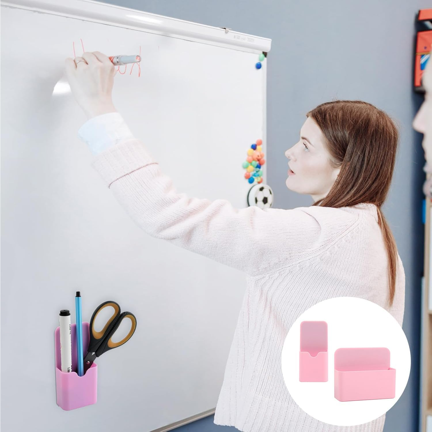 2 Pcs Pen & Marker Holders, Dry Erase Marker Cup Holder, Pen & Eraser Holder Organizer for Whiteboard, Magnetic Pen Holder for School, Office, Home (Pink) - White image number 5