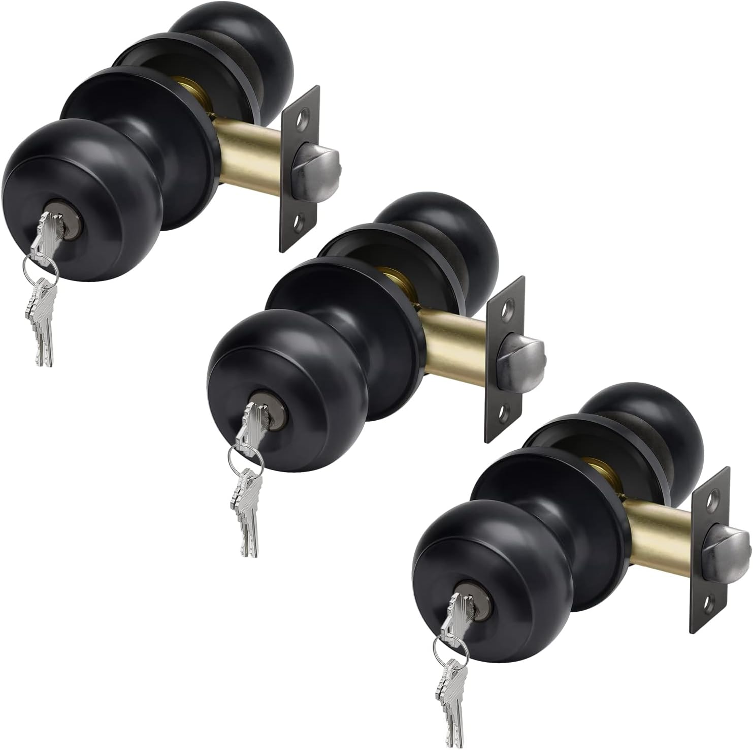 CML Hardware (3 Pack) Keyed Alike Entry Door Knob, Matte Black Exterior Door Lock for Front Door and Entrance, round Ball Handle