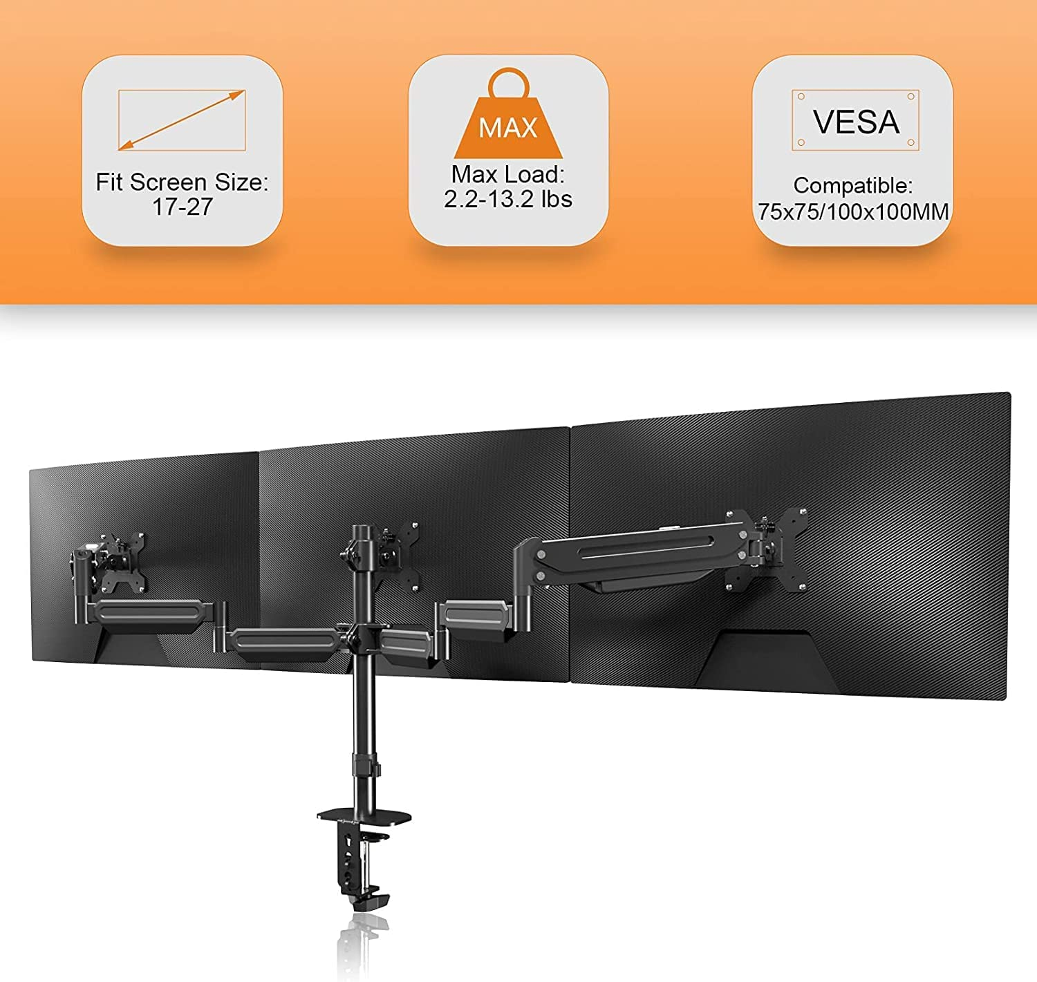 Triple Monitor Stand Mount-Gas Spring Stand with Clamp and Grommet Base, Fully Adjustable Desk Mount Fits Three 17-27 Inch LCD Computer Screens, Each Arm Holds up to 13.2Lbs,(Md8003) image number 2