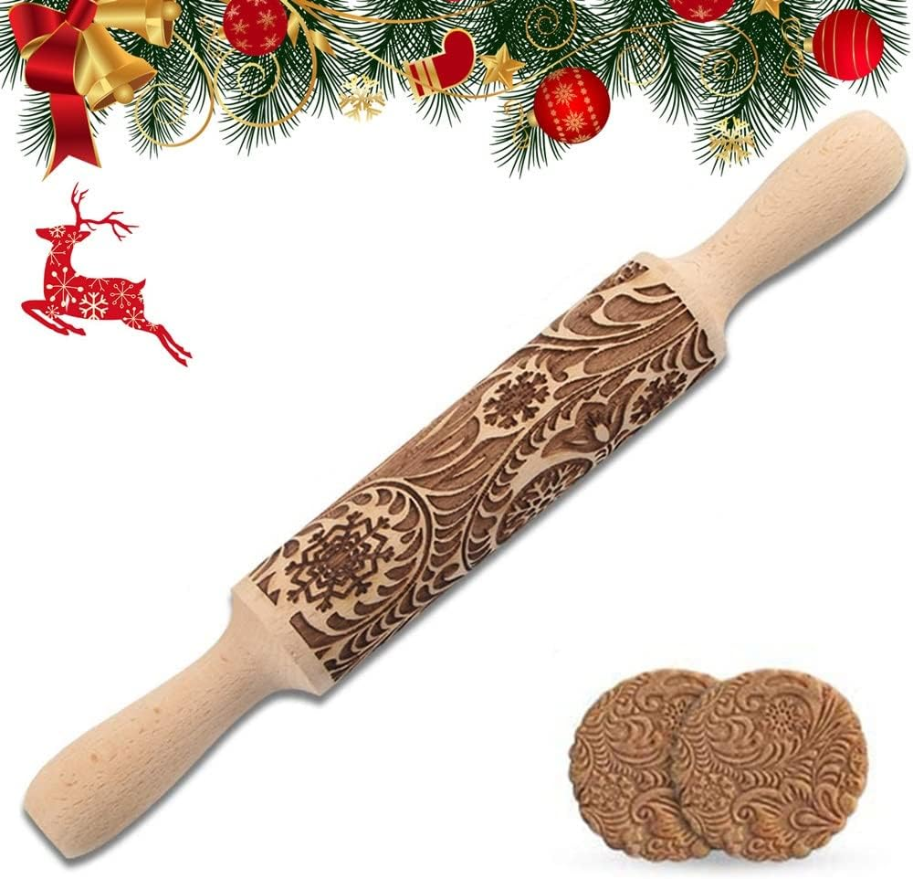 Dubom Christmas Wooden Rolling Pins - Engraved Embossing Rolling Pin with Christmas Deer Pattern for Baking Embossed Cookies,Rolling Pin Kitchen Tool (2 Pcs)
