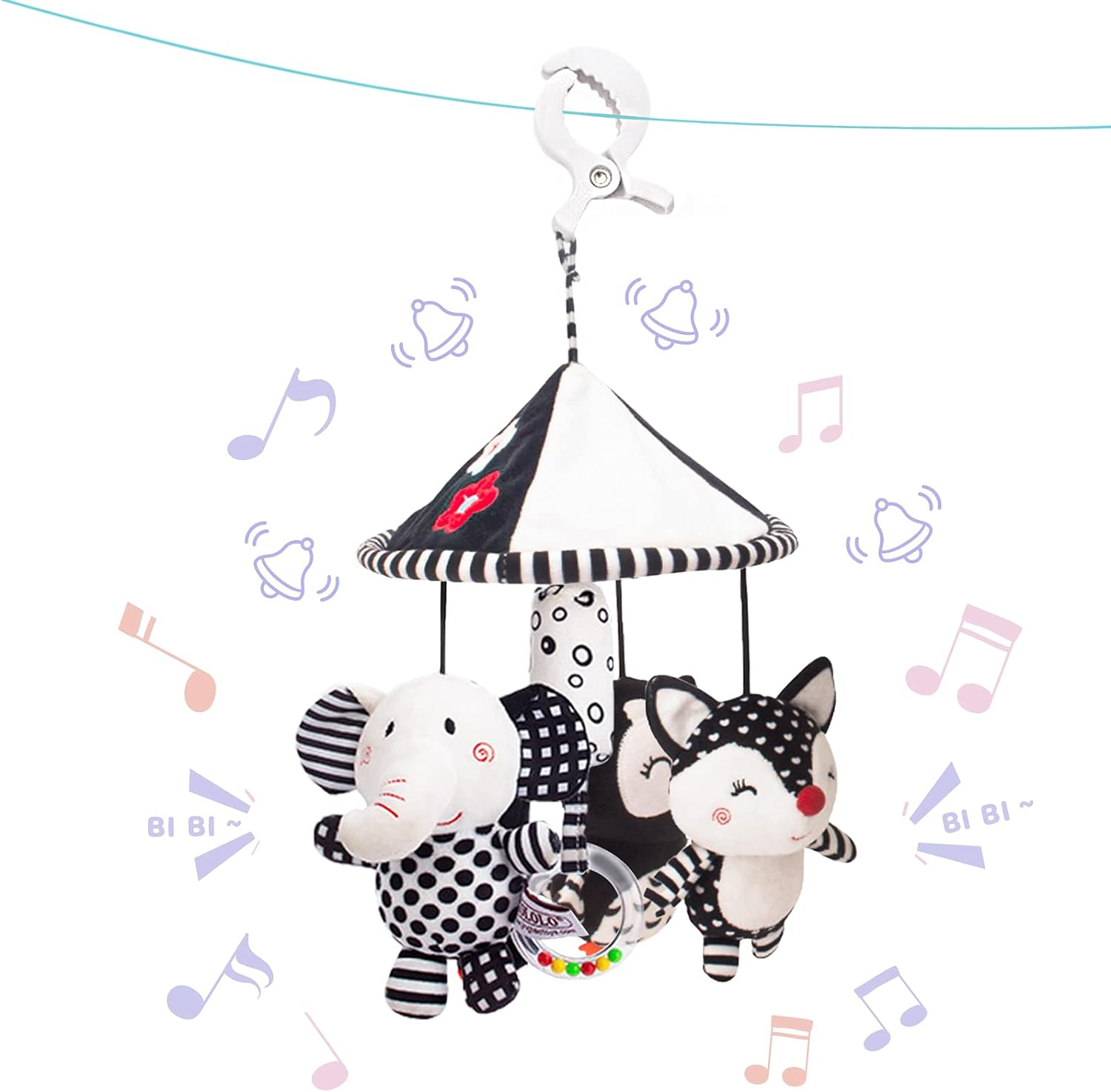 AUYYOSK Baby Cartoon Animal Stuffed Hanging Rattle Toys, Clip-On Car Stroller Toy for 3-6 to 18 Months, Soft Plush Cotton, White image number 3