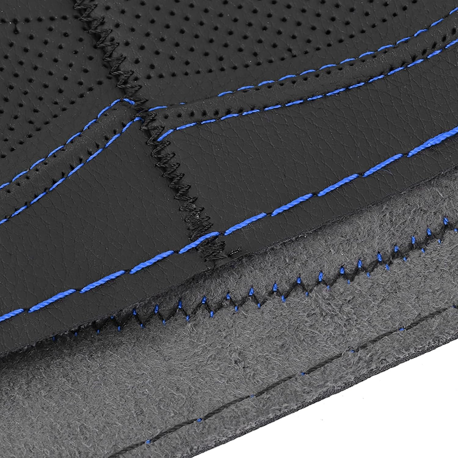 38Cm/15In Leather Steering Wheel Wrap Cover Lace Up, Steering Wheel Stitch on Wrap Cover Universal, Hand Stitching Embossing with Thread, a Whole Piece of Cowhide, Black (Black Blue) image number 4