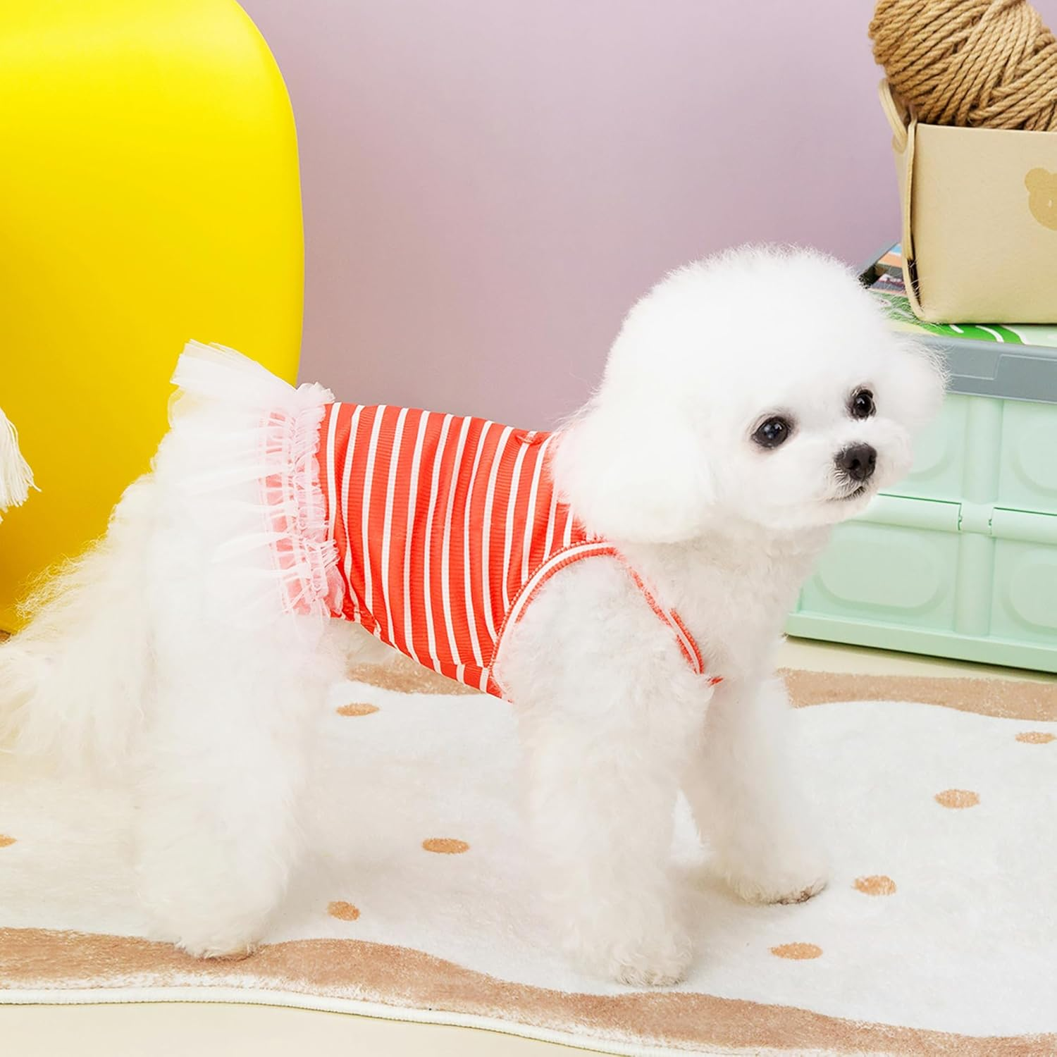 Knitted Dog Dress for Small Dog Striped Pet Pullover Strap Dress Stretchable Summer Clothes Breathable Puppy Tulle Skirt (Red, S) image number 1