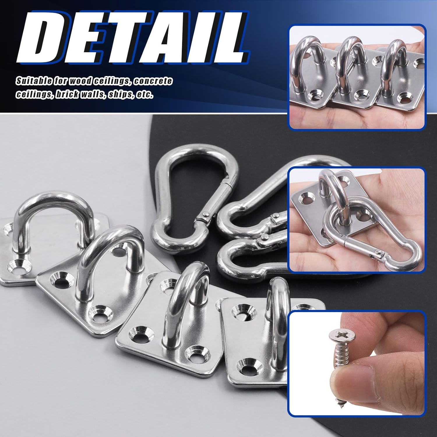 Glarks 8Pcs M6 Stainless Steel Pad Eye Plate Hook and Snap Hook Kit, Square Eye Plate U Hooks Heavy Duty Ceiling Hooks and Carabiner Clips Snap Hook for Ceiling and Mounting Hanging Hardware