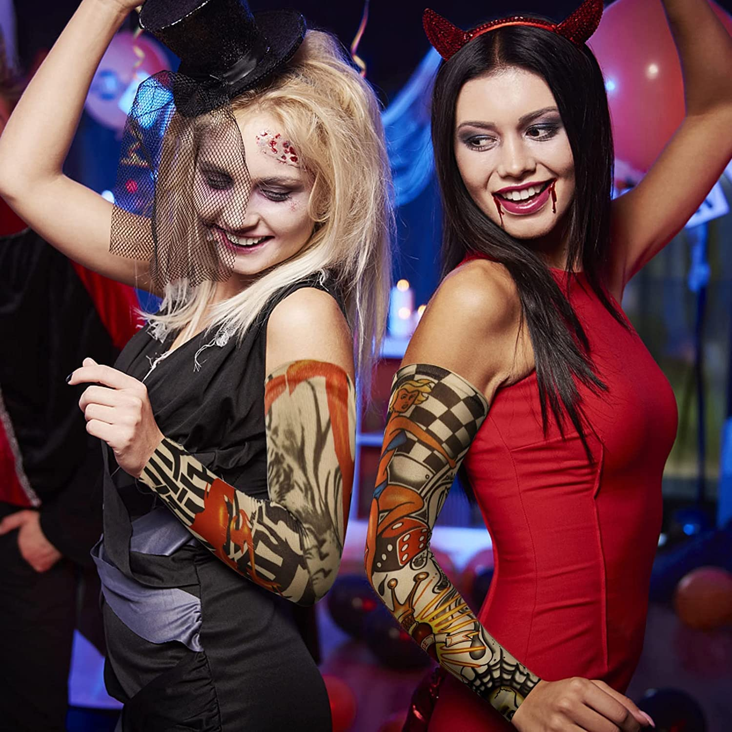 6 Pack Temporary Tattoo Arm Sleeves Arts Fake Slip on Arm Sunscreen Sleeves Body Art Stockings Protector - Designs Tribal, Tiger, Dragon, Skull, and Etc Unisex Stretchable Cosplay Accessories image number 3