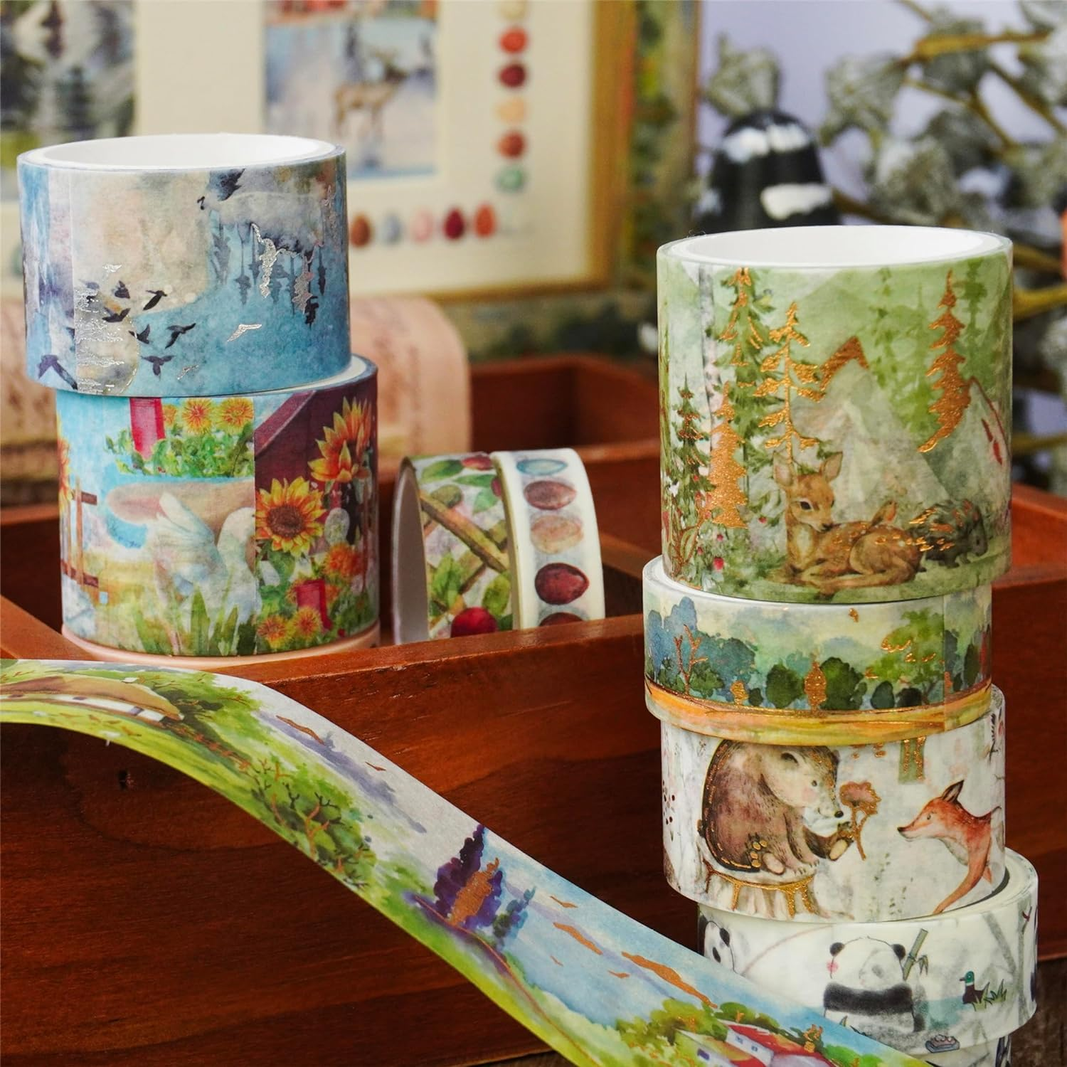 YUBBAEX 17 Rolls Forest Washi Tape Set Wide Gold Foil Masking Mountain Fields Animals Decorative Tapes for Arts, DIY Crafts, Journals, Planners, Scrapbook, Wrapping image number 6