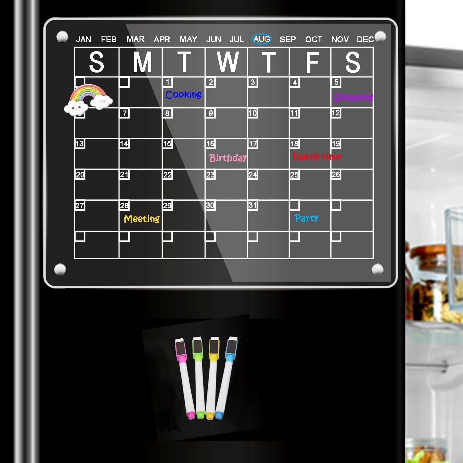 Acrylic Magnetic Dry Erase Board for Fridge - Clear Whiteboard Planner Inc 4 X Markers - Magnet White Board Calendar - Monthly Family Organiser for Kitchen Refrigerator image number 2