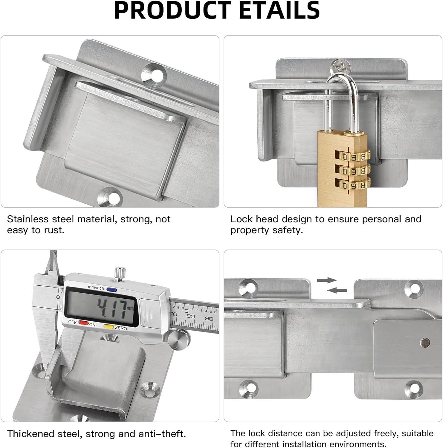Flip Gate Latch with Padlock Hole,Stainless Steel Gate Latch for Fence, Heavy Duty Double Gate Latch for Wooden Fence,Swing and Sliding Open Gate,Barn Door, Shed, Vinyl Fence, Yard - Silver (2 Pcs) image number 7