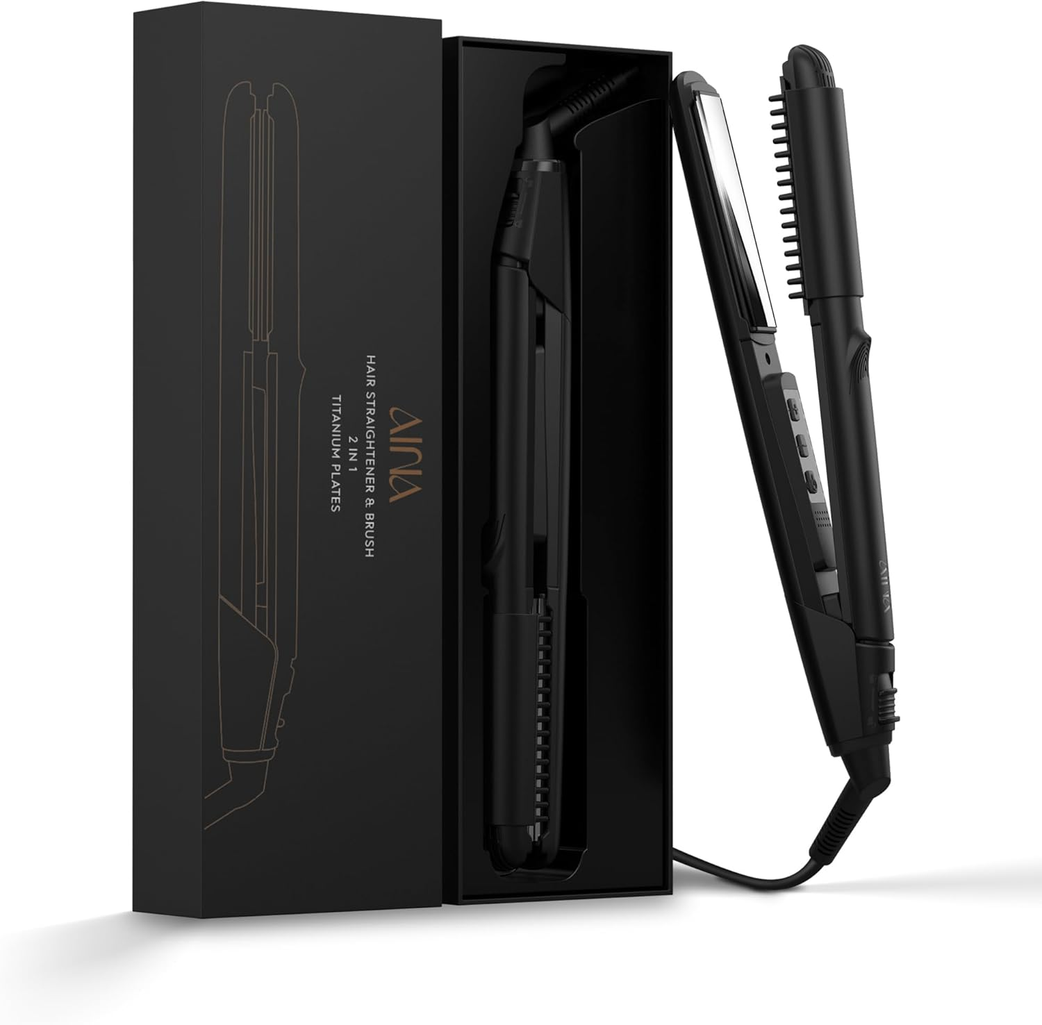 AINA Hair Straightener Brush, Flat Iron | Titanium Plates Dual Voltage Hair Straightening Curling Iron 2 In1 | Resolve Tangled Frizz (Black) image number 4