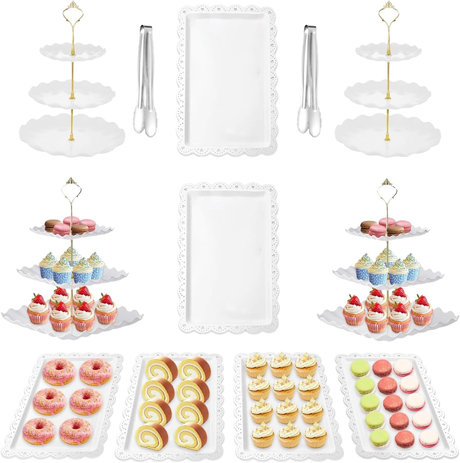 12 Pcs Dessert Table Display Set, Dessert Cupcake Stand,4 Pcs 3 Tier Cupcake Stand Tower Holder and 6 Pcs Serving Tray and 2 Tongs for Tea Party Birthday Baby Bridal Shower Party image number 1