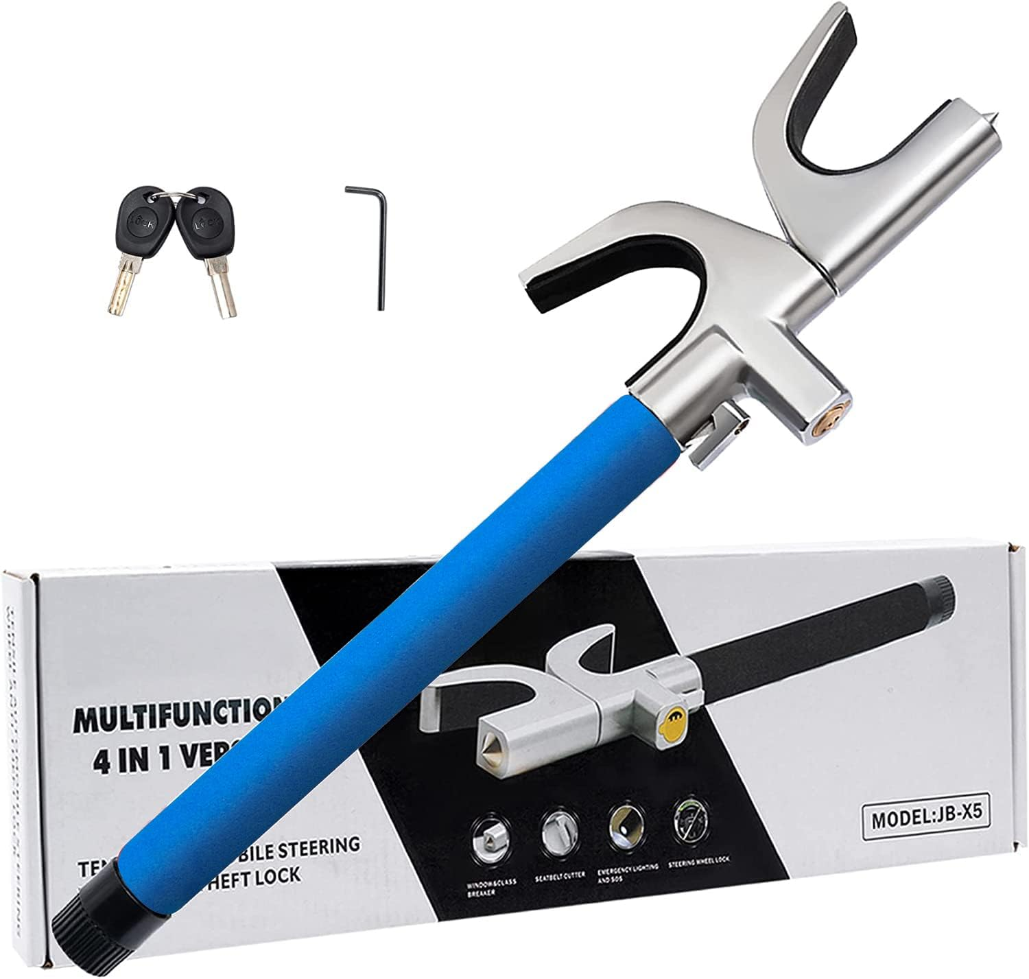 4-In-1 Steering Wheel Lock with Flashlight/Sos LED Ligth,Seat Belt Cutter,Escape Hammer,2 Keys Retractable Steering Lock,Vehicle Anti-Theft Lock，Universal for Auto/Truck/Suv/Van(Blue)