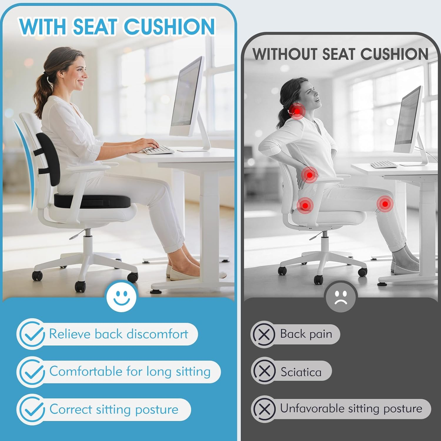 Seat Cushion, Lumbar Support Pillow with Adjustable Strap-Chair Cushions for Sciatica Pain Relief-With Washable Cover Memory Foam for Car, Travel and Wheelchair-Black image number 2