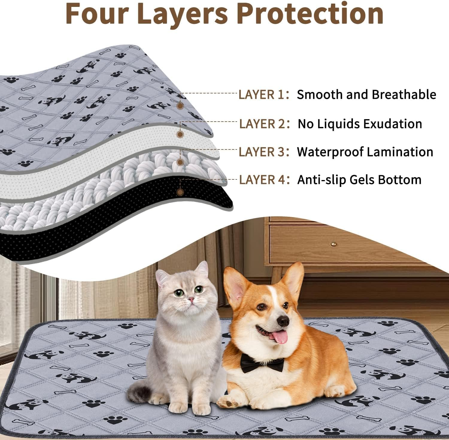 Washable Dog Pee Pads Reusable 2 Pack, Reusable Puppy Potty Training Pads Non-Slip Waterproof Mat for Indoor, Travel, Whelping, Housebreaking, Incontinence 100 X 90 Cm image number 3