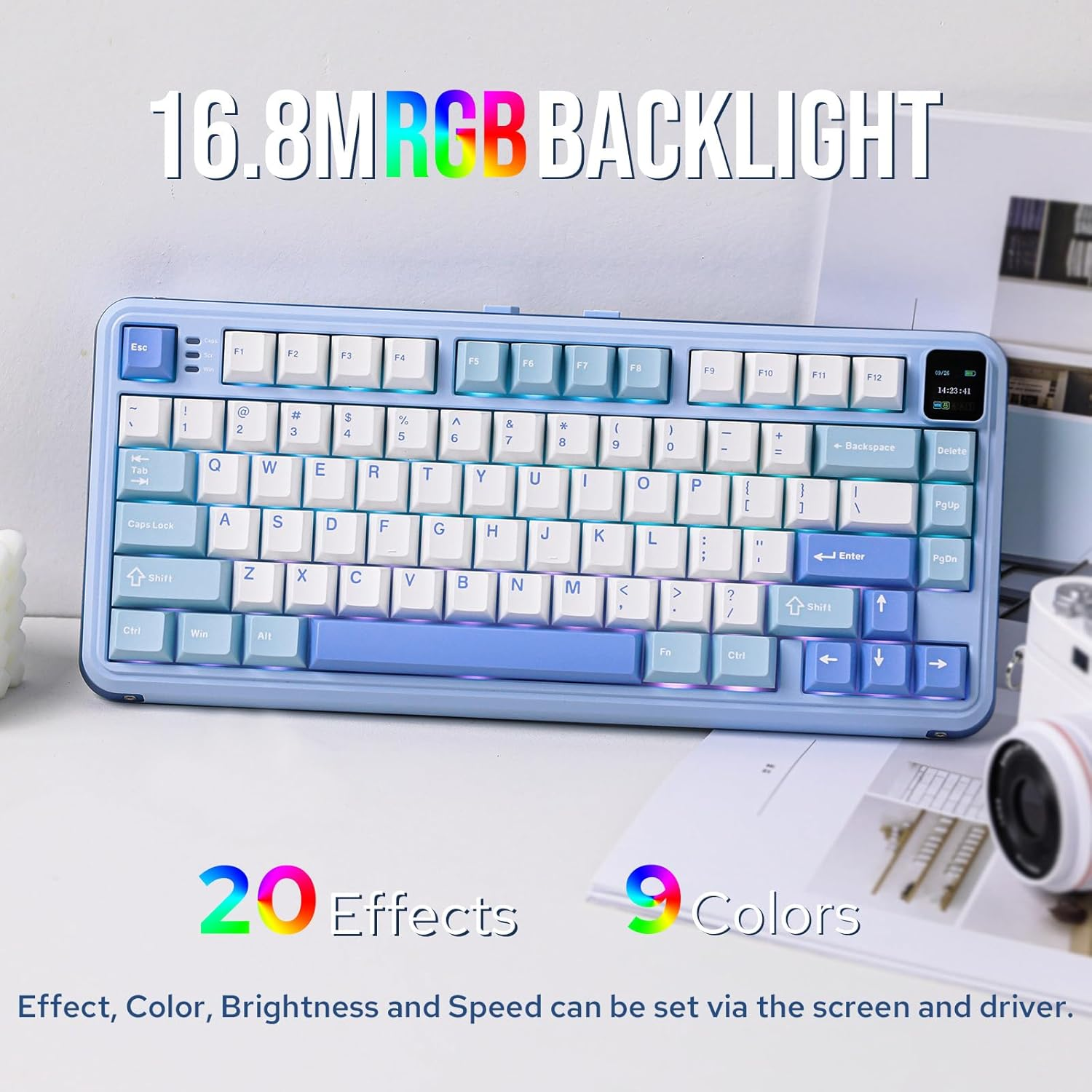 Mechlands Vibe75 75% Wireless Gaming Keyboard with Interchangeable Screen&Knob Modules, Hot Swappable Creamy Mechanical Keyboard with Gasket Structure, Bt5.0/2.4Ghz/Usb-C, 5-Layer Padding, RGB (Blue) - Black image number 6