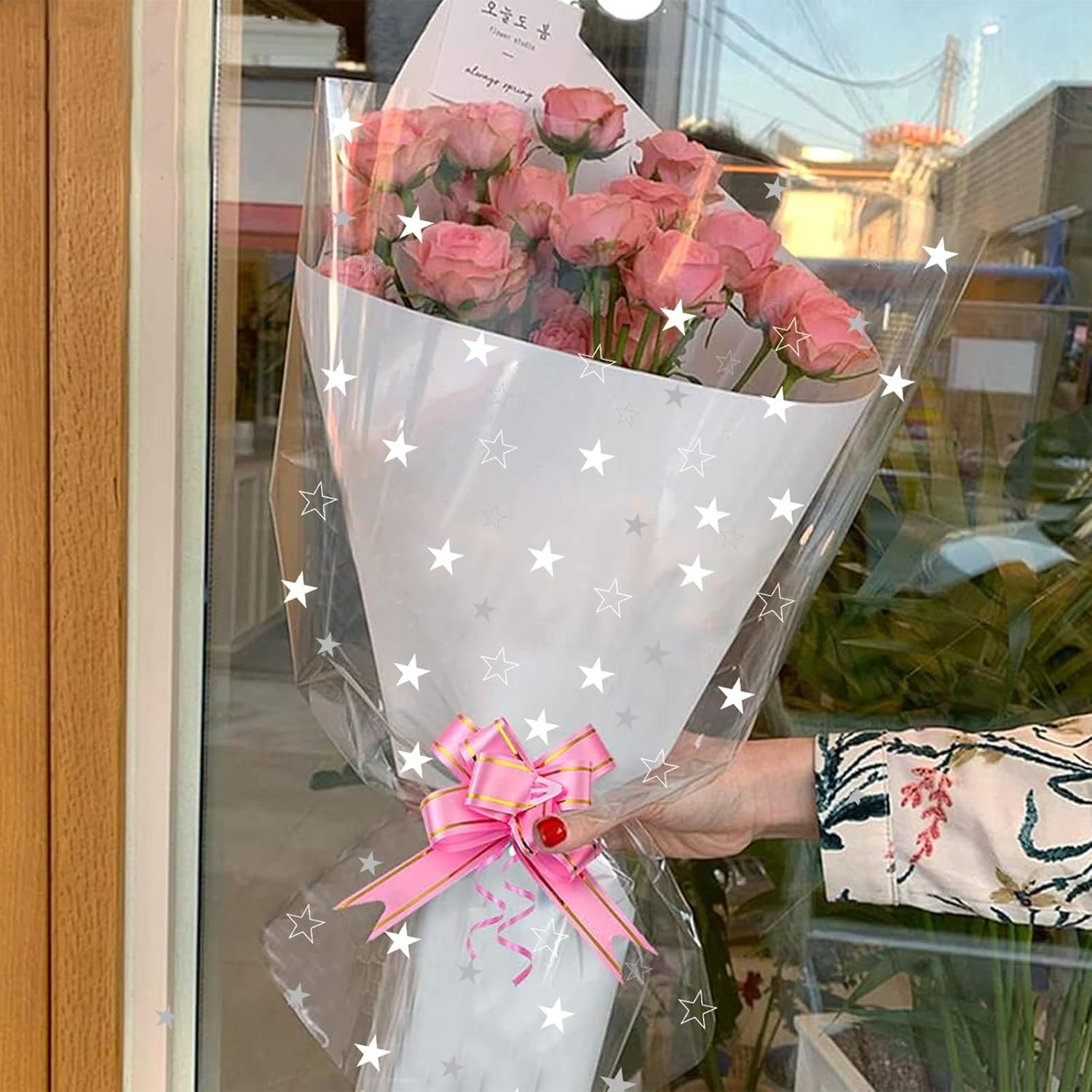 Fayrvind Large Star Clear Cellophane Wrapping Roll, 84Cm X 20M (84Cm Width Folded to 42Cm) Transparent Cellophane Roll with Pull Bows for Gift Hampers Packing for Christmas, Mothers Day, Fathers Day image number 6