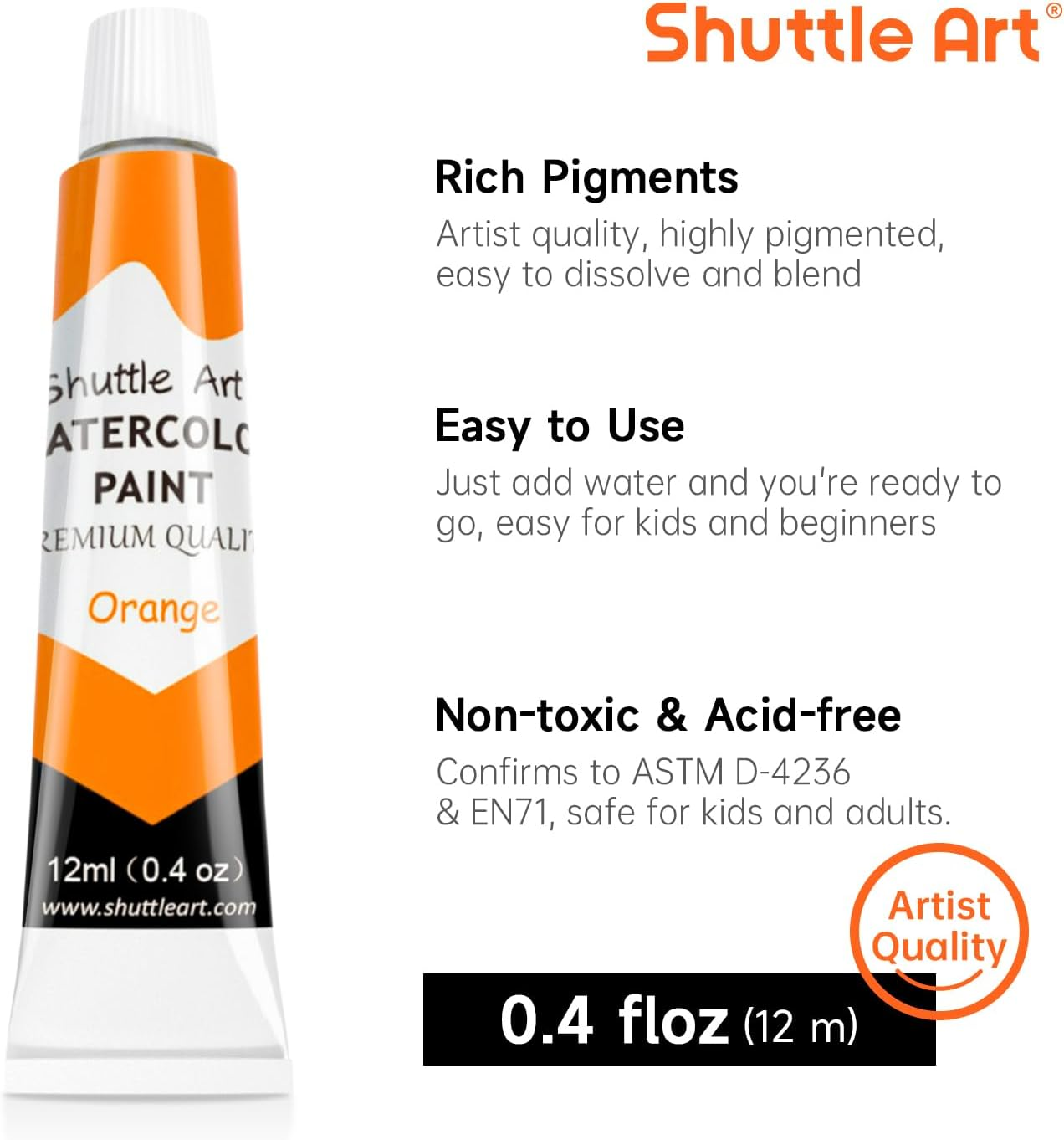 Shuttle Art 48 Pack Watercolour Paint Set, 36 Colours Watercolour Paint in Tubes (12Ml Each) with 10 Brushes, 1 Watercolour Pad, 1 Palette, Premium Watercolour Kit for Artist, Beginners, Kids