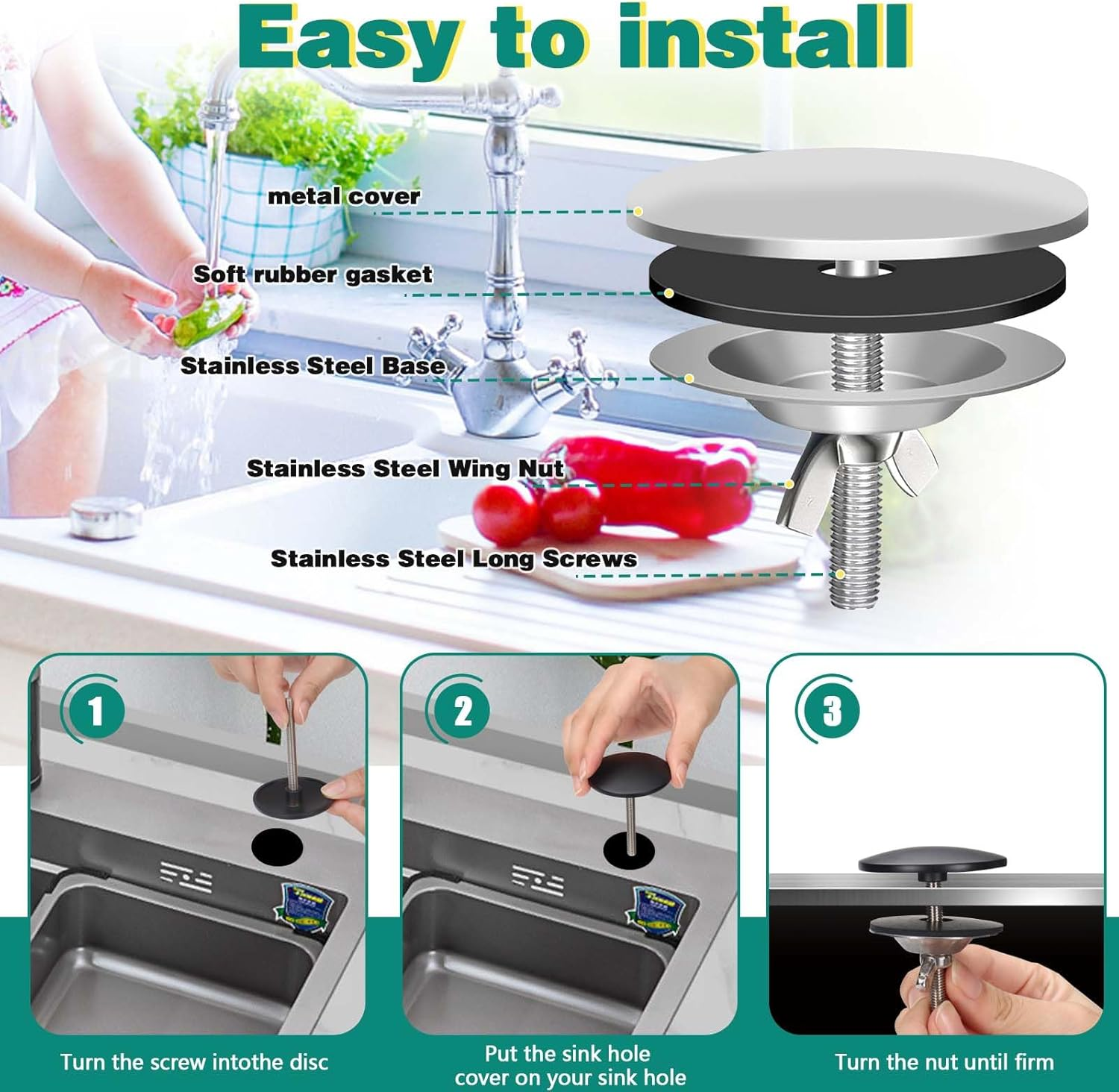 2 Pcs 2 Inch Sink Hole Cover for Kitchen, Good Sealing Sink Tap Hole Plug, Stainless Steel Faucet Hole Cover, Leakage Prevention Blanking Metal Plug (Glossy Chrome) image number 2