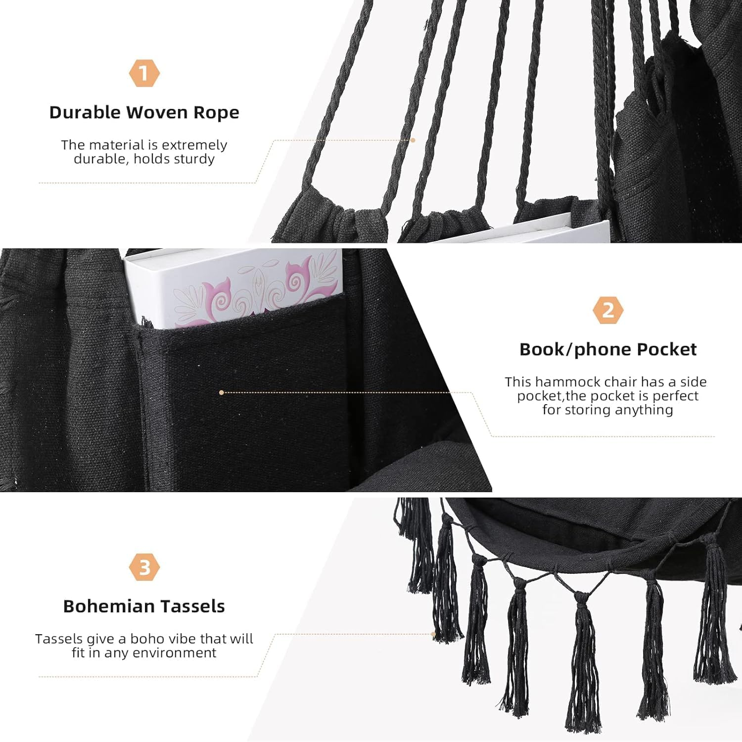 Hammock Chair Hanging Rope Swing Chair with 2 Seat Cushions & Installation Kit, Max 150Kg,Hammock Swing Hanging Chair (Gray) image number 2