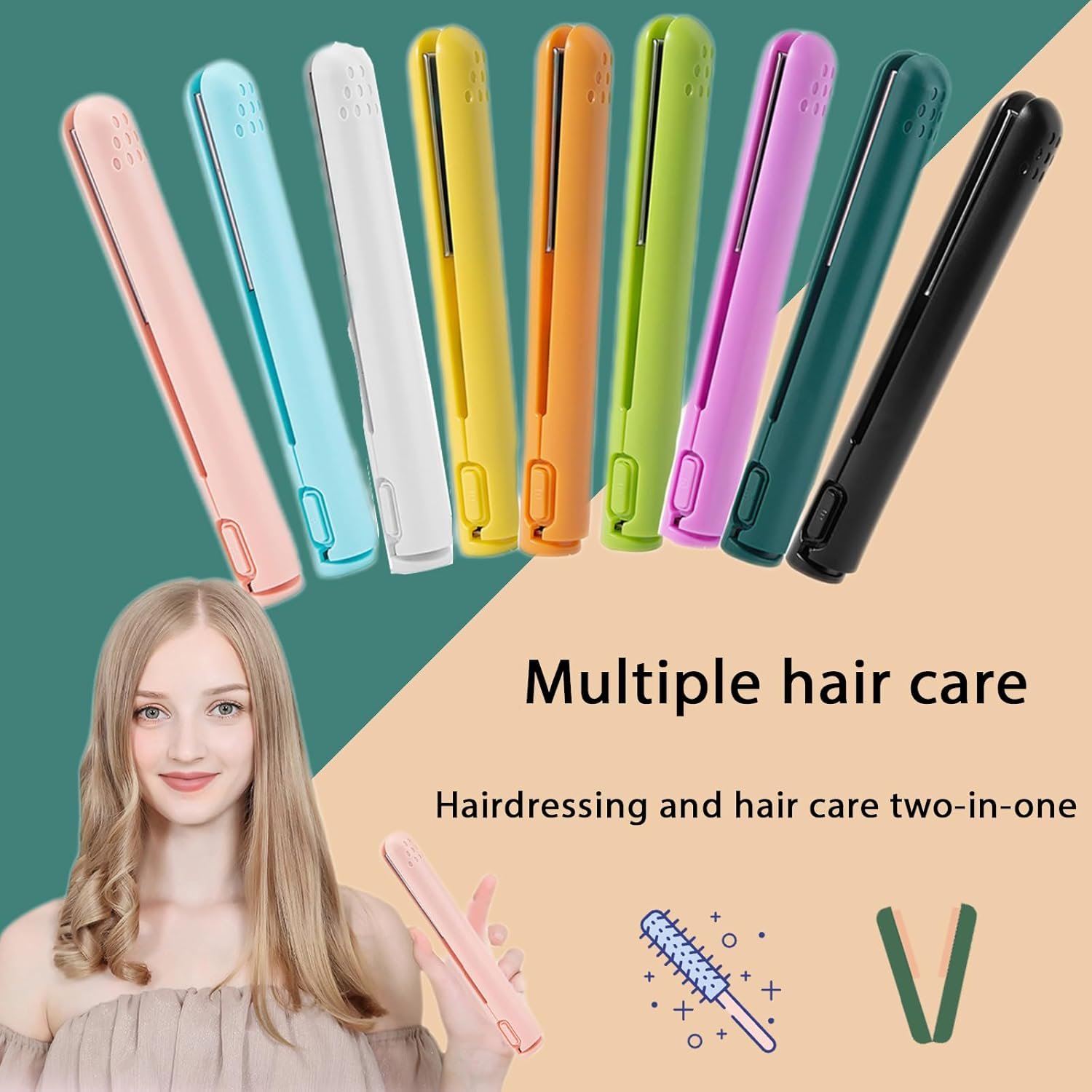 Mini Curling Iron, Mini Dual Purpose Curling Iron, 2024 New 2-In-1 Mini Cordless Curling Iron, Portable Travel Curling Iron Mini, Ceramic Mini Hair Curler, Curling Wand/Straightener, USB (Yellow) image number 1