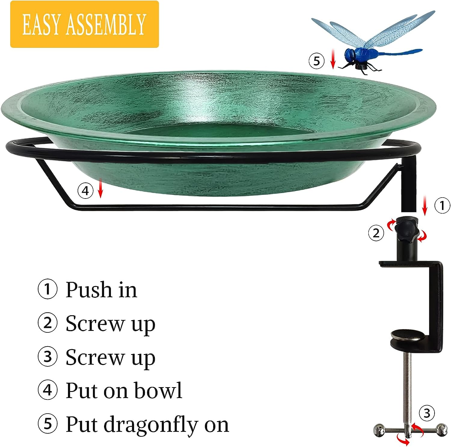 Deck Mounted Bird Bath for Outdoor, 11.5 Inch Metal Birdbath Bowl with Adjustable Steel Clamp, Antique Green Deck Bird Feeder for Railing Balcony Fence Yard Art Garden Decoration image number 3