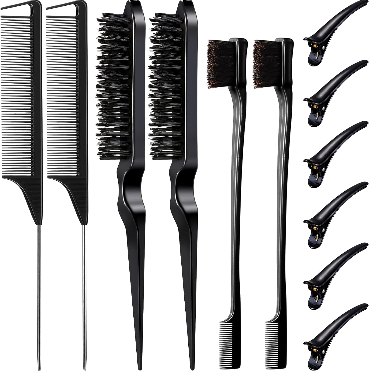 Remerry 12 Pieces Hair Brush Set, Nylon Teasing Hair Brushes 3 Row Salon Teasing Brush, Double Sided Edge Smooth Comb Grooming, Rat Tail Combs with Duckbill Clips for Women(Pink)