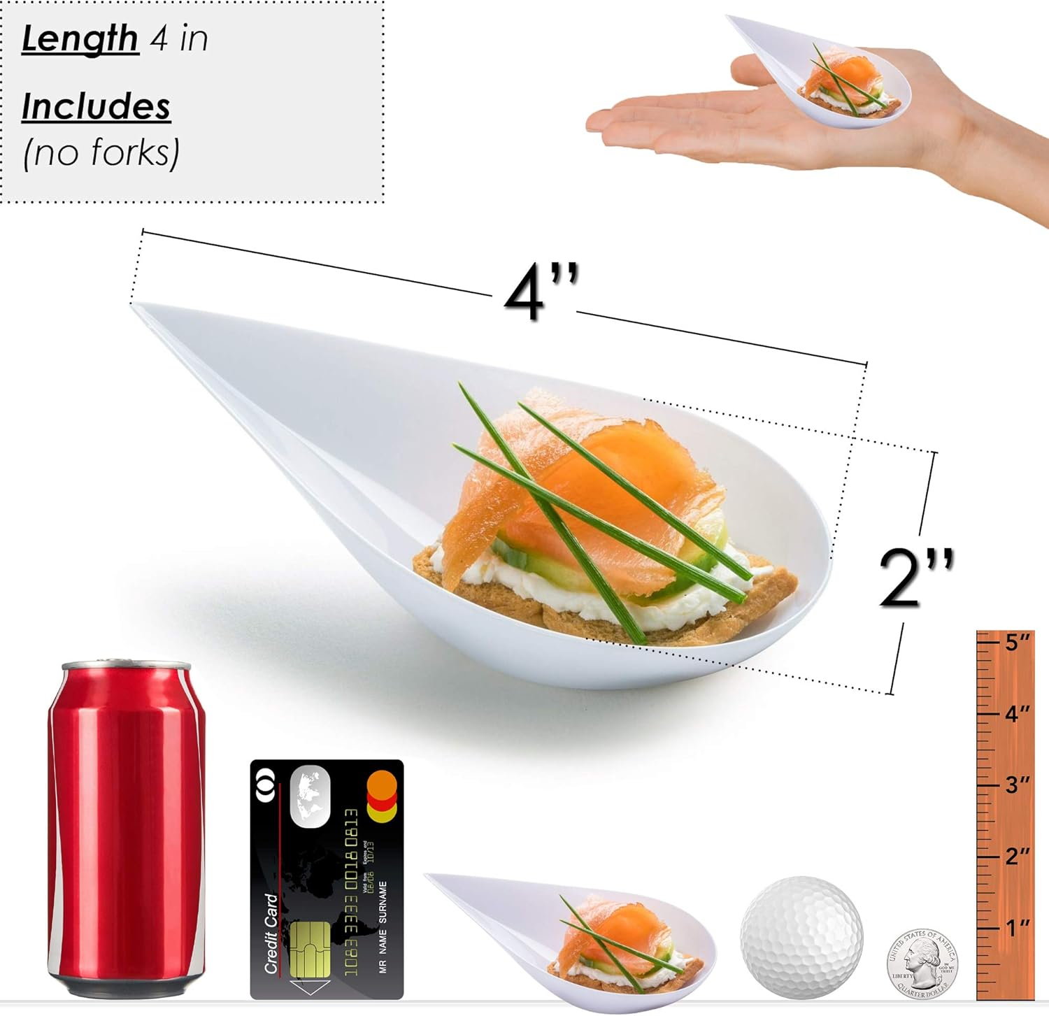 Dlux 100 4-In Tear Drop Mini Appetizer Plates, White Plastic Spoons - Desserts and Appetizers Dishes Serving Plate - Disposable Asian Spoon Set, Small Catering Dessert Tasting Cups - with Recipe Ebook - Black (100 Dishes) image number 3