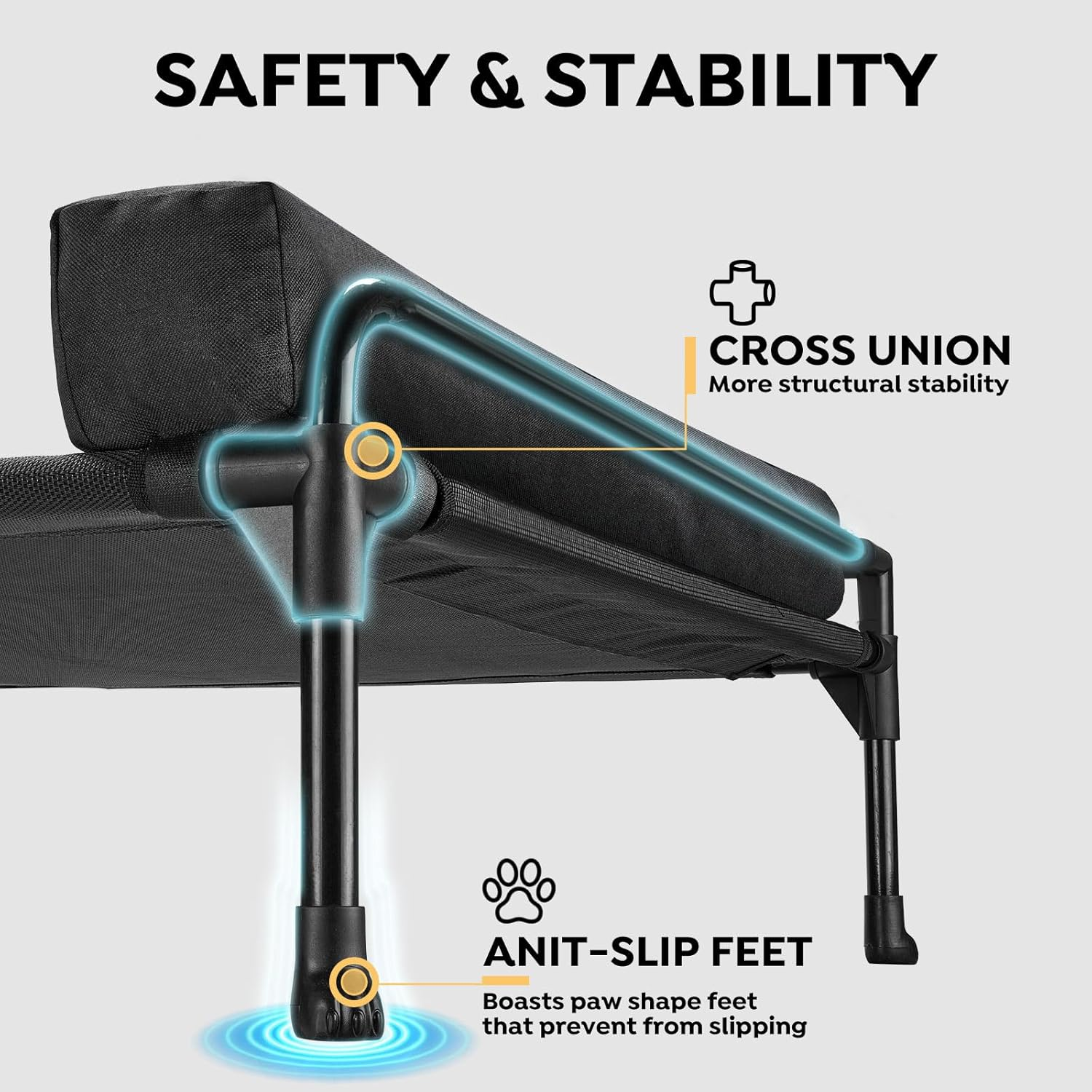 Veehoo Elevated Raised Dog Bed-Cooling Outdoor Dog Cot Bed for Large Sized Dogs Three-Sided Fence Raised Pet Cot with Mesh & No-Slip Feet Dog Hammock Bed with Removable Bolster-47 X 29" Black image number 2