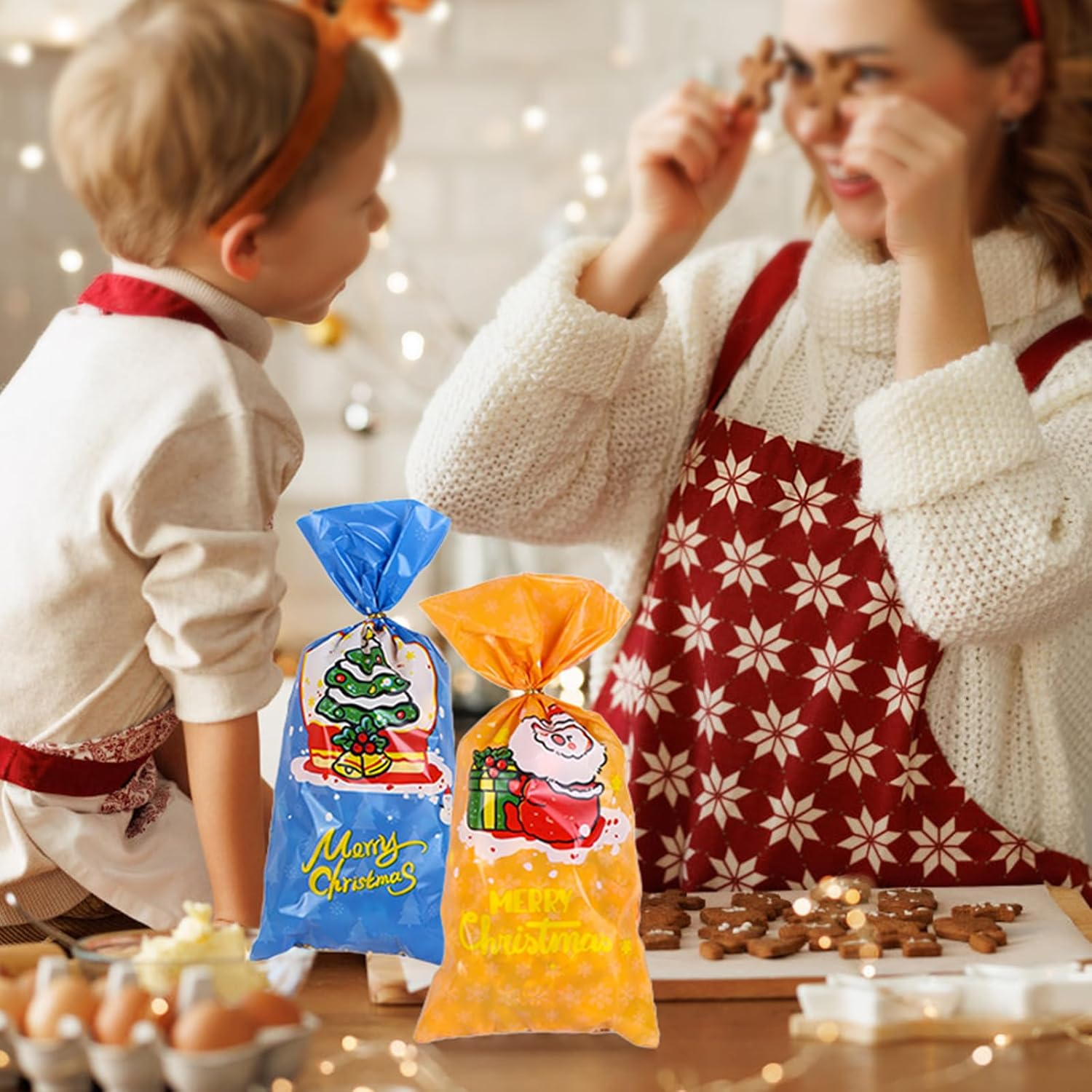 Christmas Treat Bags, 50 Pack Christmas Cellophane Treat Bags, 13 X 27Cm Treat Candy Bags with 50 Pcs Twist Ties for Cookie Goodies Gift Present Wrap Xmas Party Favor Supplies, 4 Styles image number 4