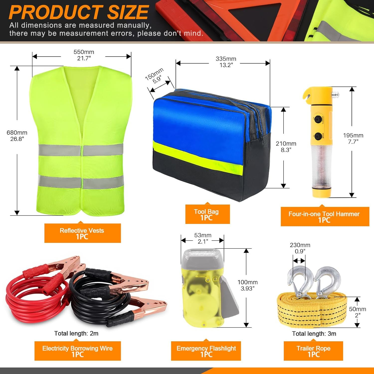 13Pcs Car Emergency Kit Auto Safety Roadside Assistance Tool Kit with Reflective Triangles, Hand Pressing Flashlight, Reflective Vest, Tow Strap, Car Safety Hammer for Vehicles Car