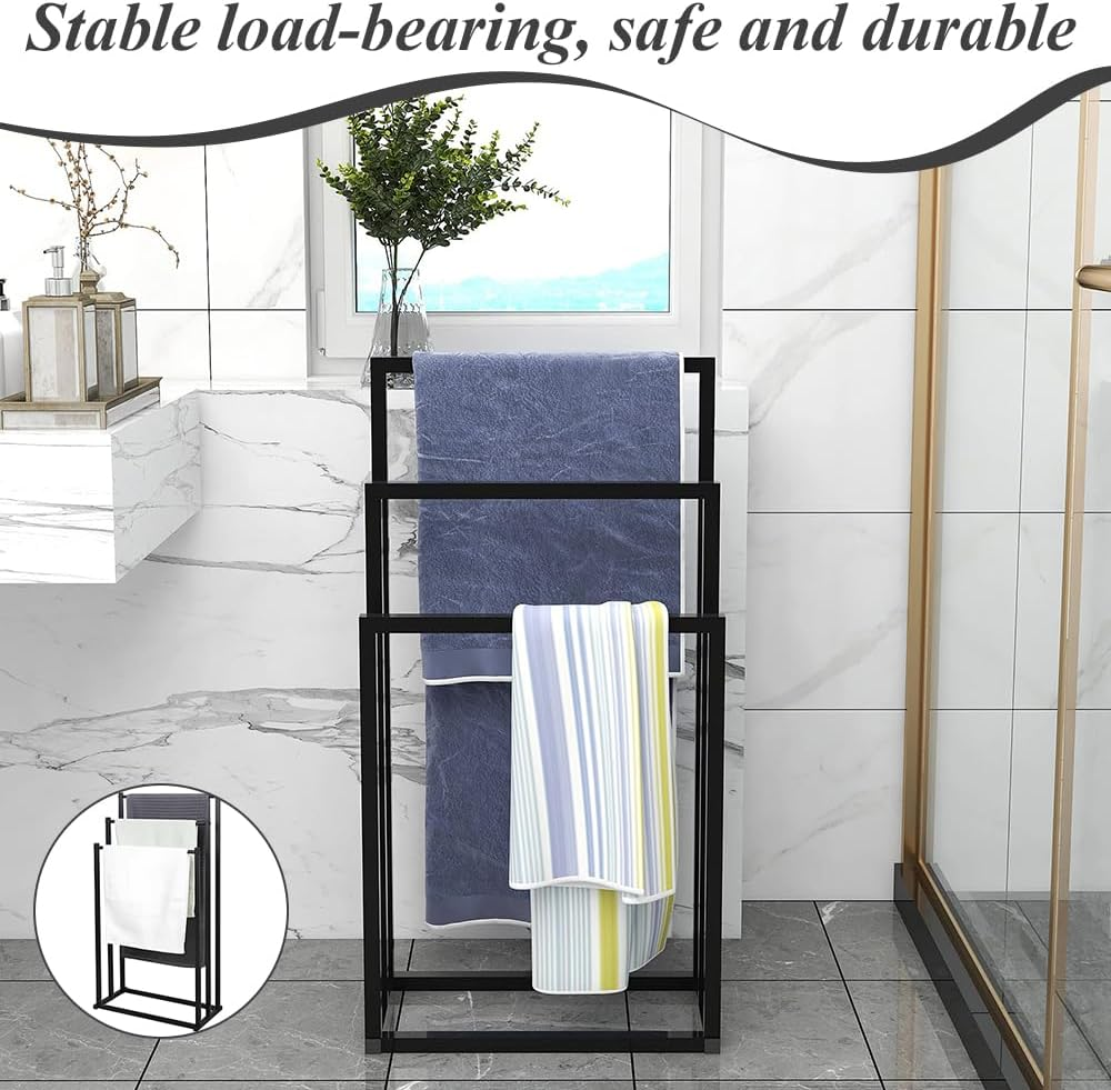3 Tiers Floor Bath Towel Holder, Metal Free Standing Storage Racks, Portable Towel Organizers, Standing Towel Racks, Organizer Shelf for Bathroom, Bedroom, Laundry Room (Black) ﻿