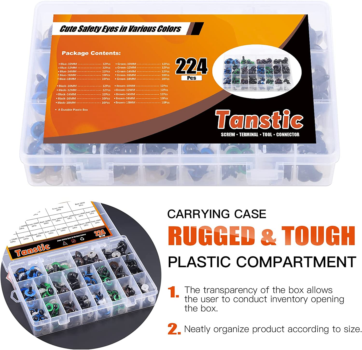 Tanstic 224Pcs Plastic Safety Eyes with Washers 4 Color Craft Doll Eyes for Doll Animal Crafts, Stuffed Crochet Animals (10Mm, 12Mm, 14Mm, 16Mm, 18Mm)