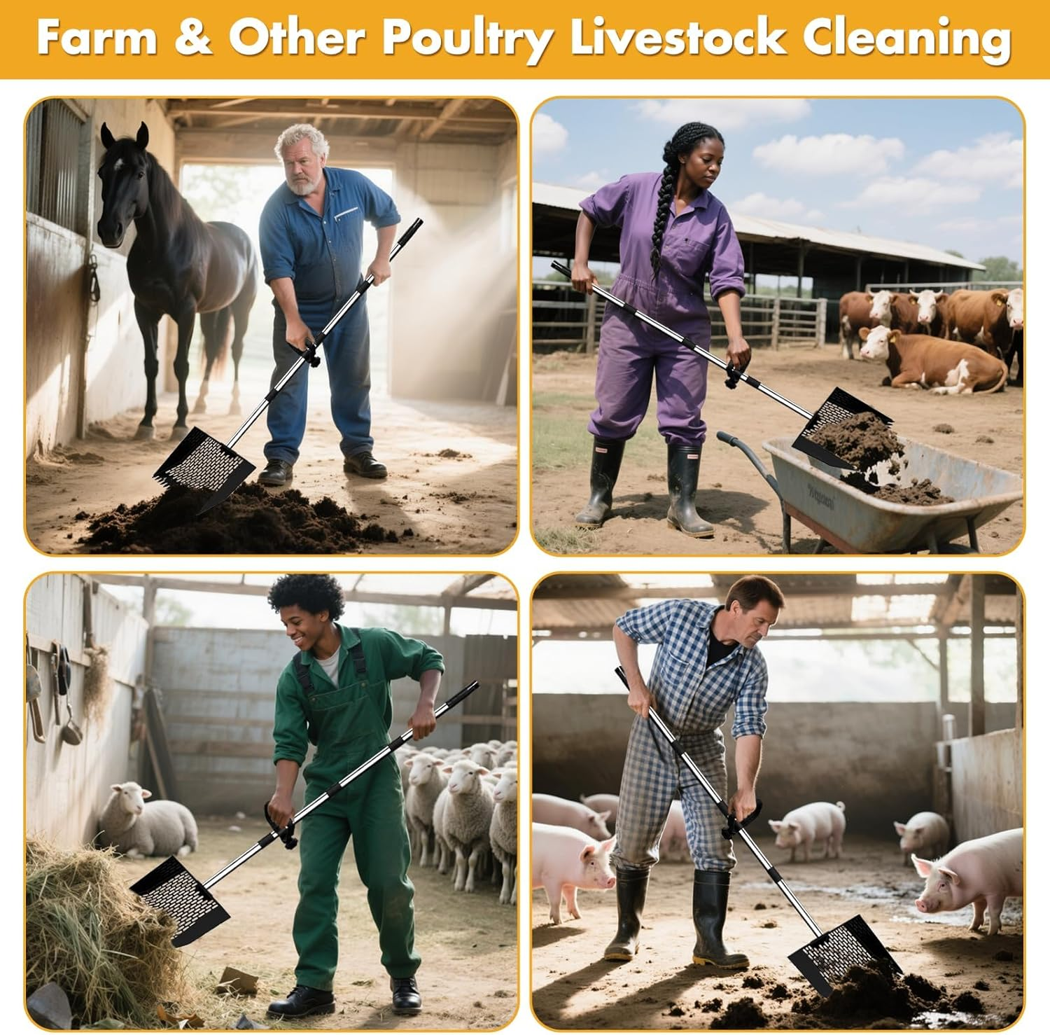 2-In-1 Chicken Poop Scooper & Rake, 10" Wide 63" Long Large Metal Chicken Coop Scooper for Sand with Ergonomic Grip, Heavy Duty Sifting Shovel Rake for Beach, Farm, Garden & Yard Waste (Black) image number 1