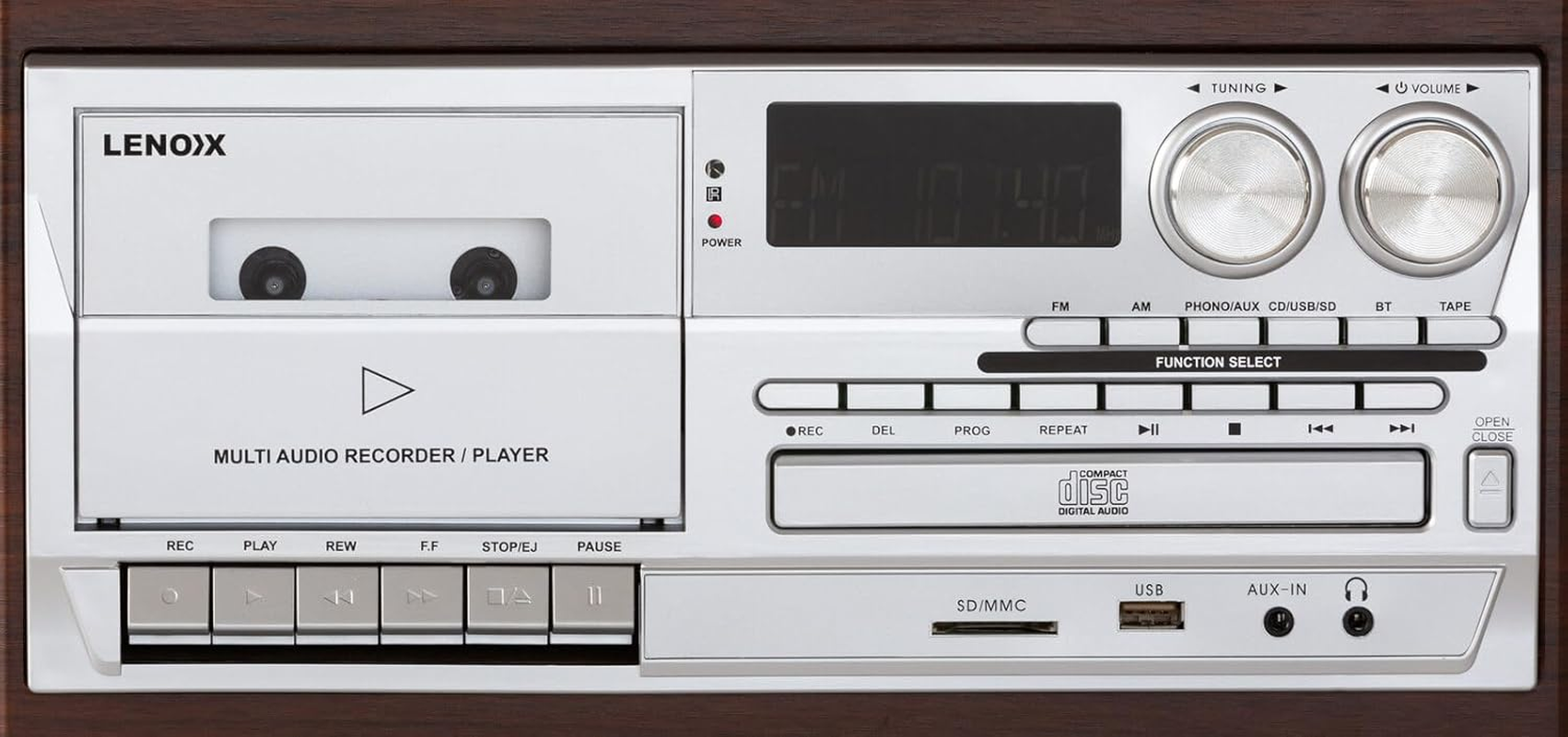 Lenoxx Home Entertainment System with Turntable, Cassette Player, USB Port, SD Slot, CD, and Wireless Technology 5.0, 3-Speed Turntable, AM/FM Radio, Wooden Speaker Boxes - Brown image number 2