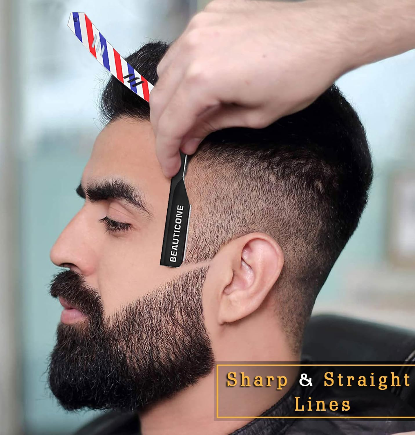 BEAUTICONE Professional Straight Razor for Men with 100 Single Edge Blades | Slide-Out Design (Barber Pole) image number 2