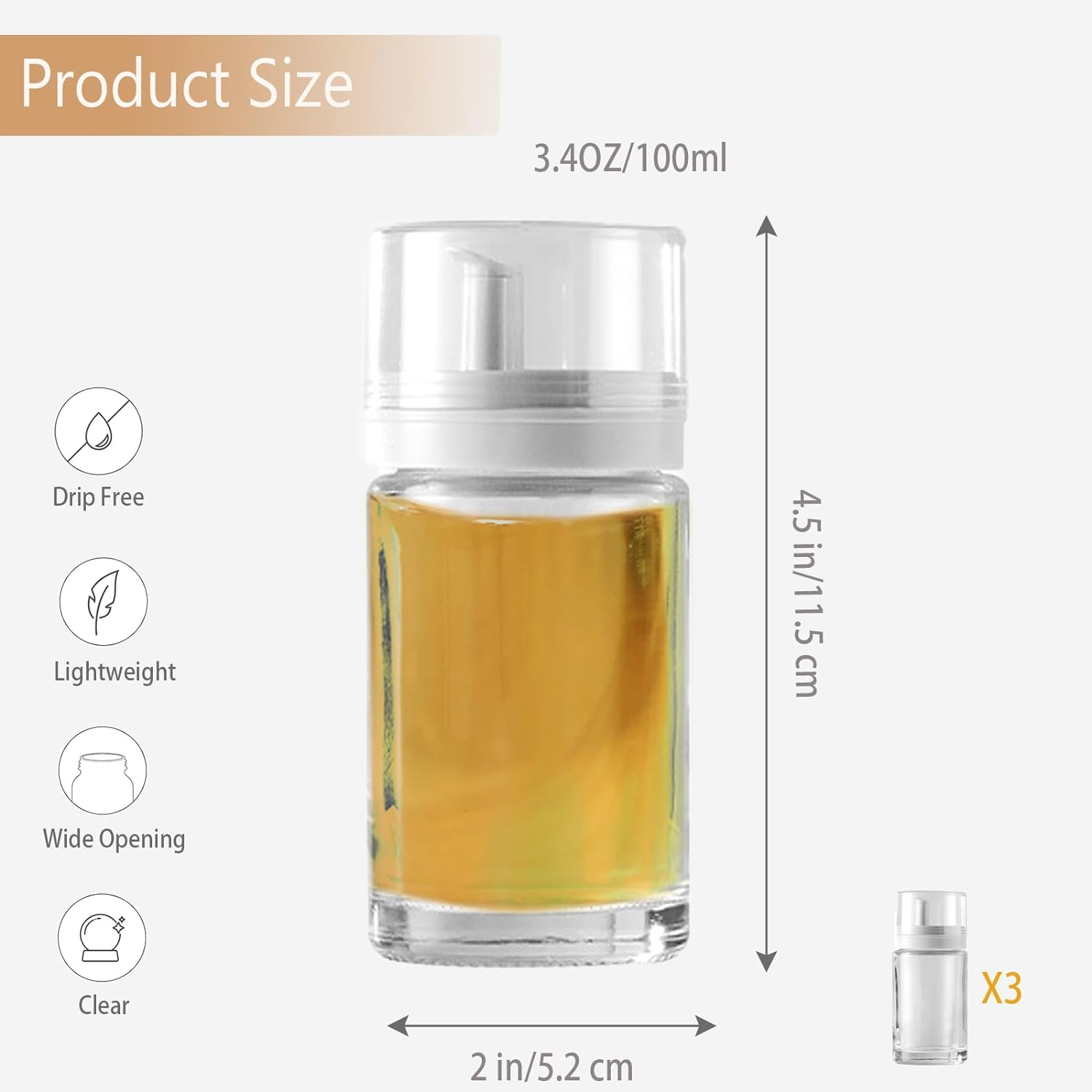 3-Pack Leakproof Small Glass Oil and Vinegar Dispenser Bottles - Perfect for Kitchen Use - 100Ml Each (3.38Oz)