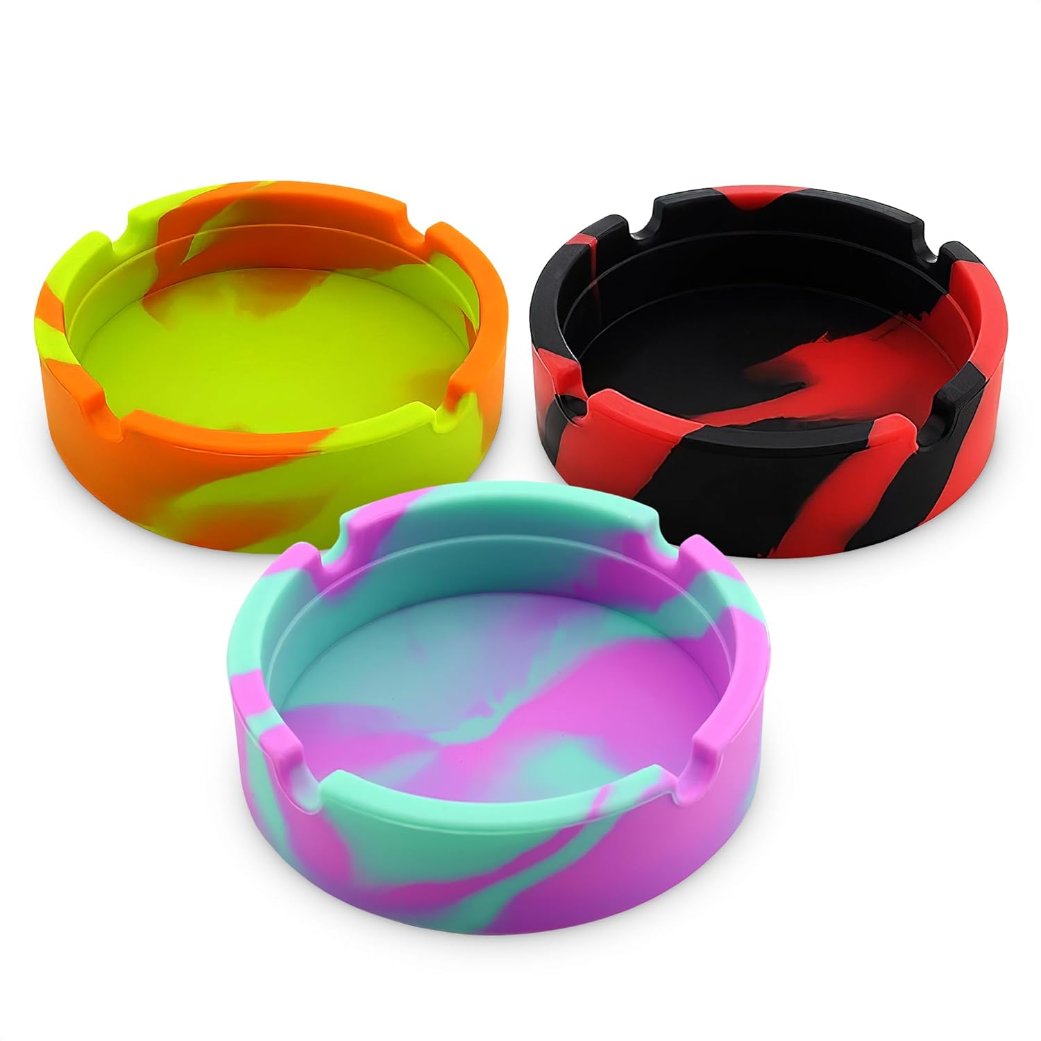 3Pcs Rubber Ash Tray Outdoors - Multicolor Small Ashtray for outside Patio, Temperature Resistant Ash Trays for outside - Flexible & Easy to Clean Silicone Ashtray