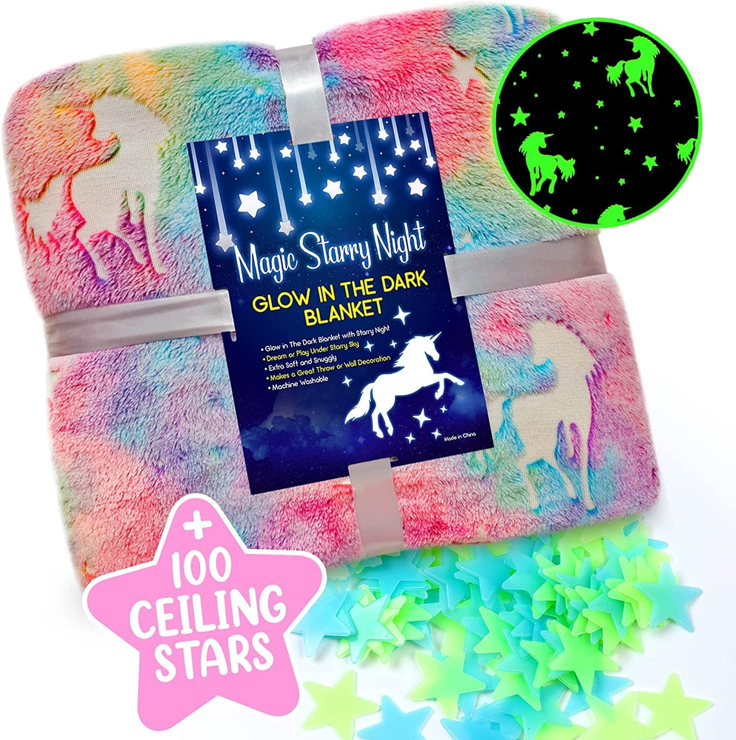 Big Size Unicorn Glow in the Dark Blanket for Kids - Rainbow Blankets for Girls - Super Soft Fuzzy Throw Blankets for Teen Girls Plush Fleece Pink Glow in the Dark Blanket for Kids 130 X 170 Cm image number 1