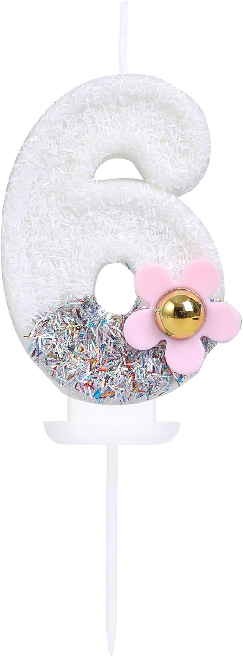 6 Birthday Candle with 3D Pink Daisy, Silver and White Color-Blocked Sequins Number 6 Candle for Birthday Cake Girl Kids Happy 6Th Birthday or Anniversary Party Cake Decorations