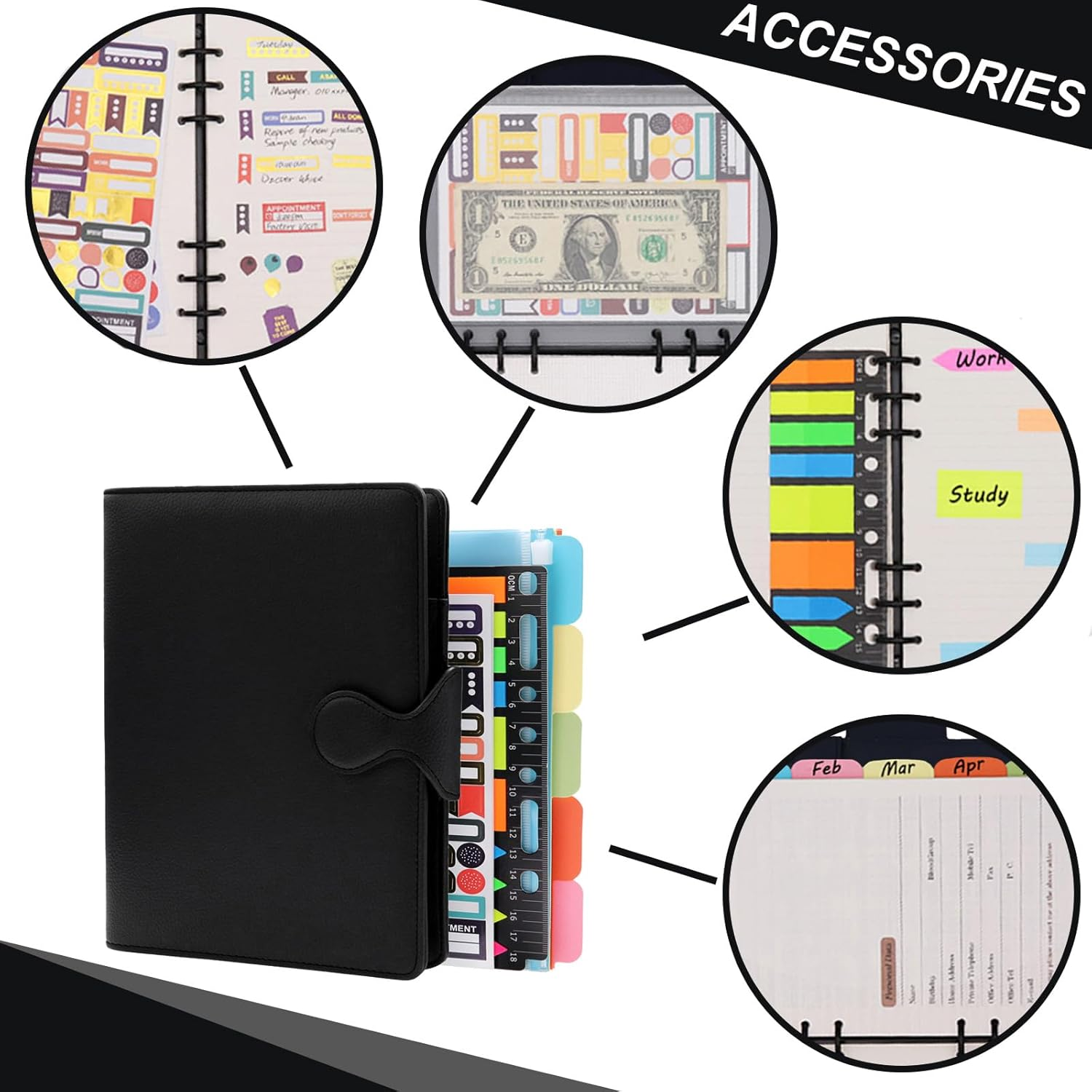 HXRTANGS PU Leather Notebook A5, 6-Ring Binder Journal Refillable Business Notebook, Personal Planner Organizer with Pockets/Pen Holder/Accessories/Lined Paper 160 Pages, Black image number 5